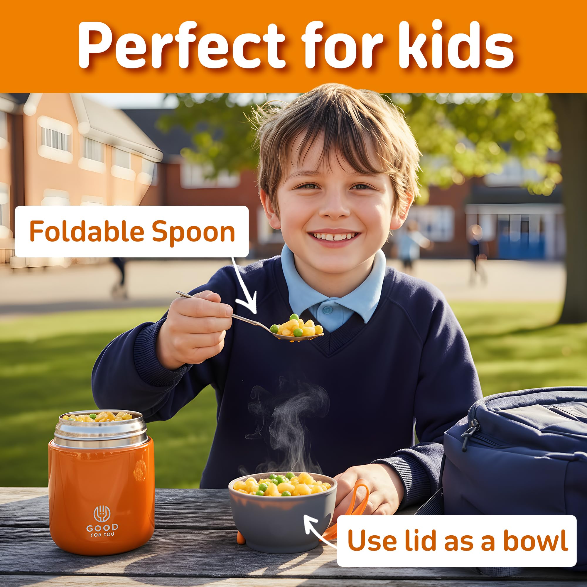 Insulated Food Flask - 530ml Stainless Steel Jar for Hot and Cold Meals – Double-Wall Insulation, Thermal Food Container for School, Office, Travel, Camping - Foldable Spoon, Bag - Orange - 24.7 oz…