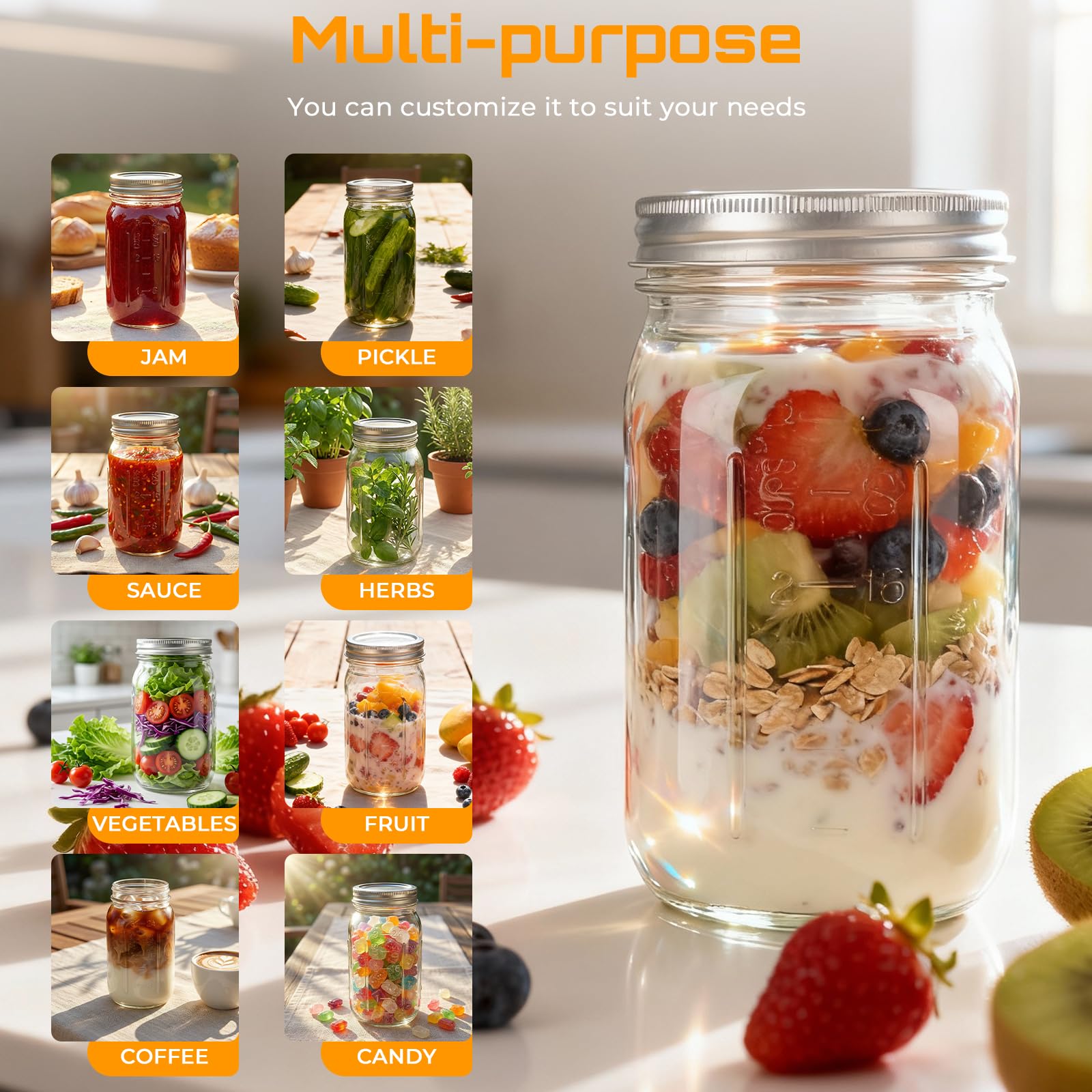 Wide Mouth Mason Jars 32 oz with Lids 6 Pack,Clear Glass Jars for food Storage, Canning, Pickling, Dry Goods,Snacks, Candies