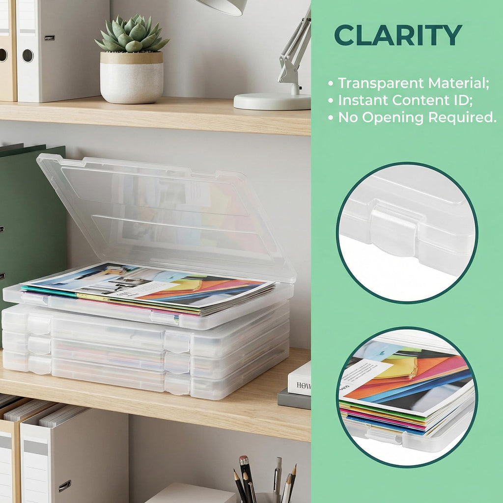 Hiceeden 4 Pack Plastic Project Case for 8.5"x11" Letter File, Trasparent Scrapbook Paper Storage Box Slim Document Holder Organizer for Magazine, Office Supplies, School
