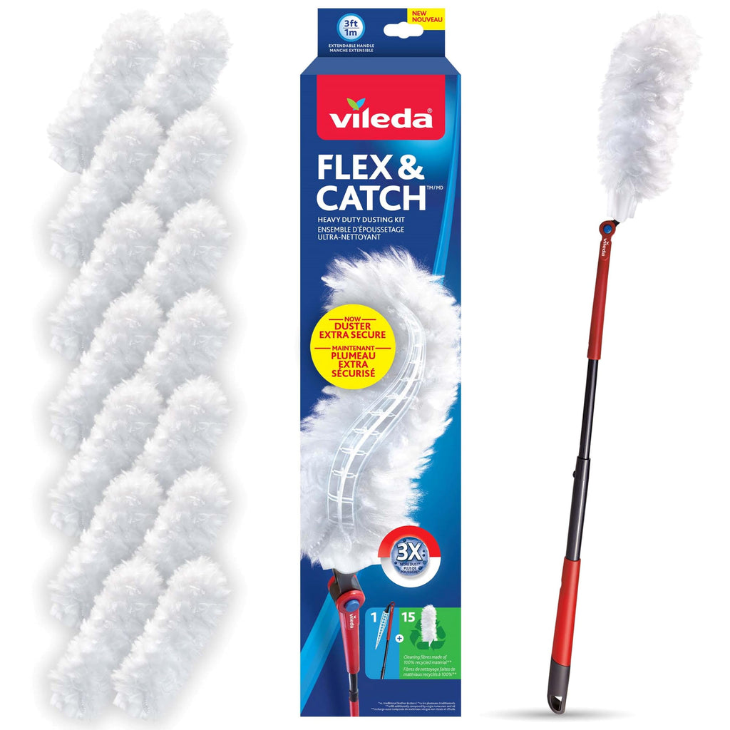 Vileda Duster | Flex & Catch Heavy Duty Dusting Kit with 15 Disposable Duster Refills | Extendable 3 Ft Handle with Secure Hook | Traps 3X More Dust Than Feather Dusters