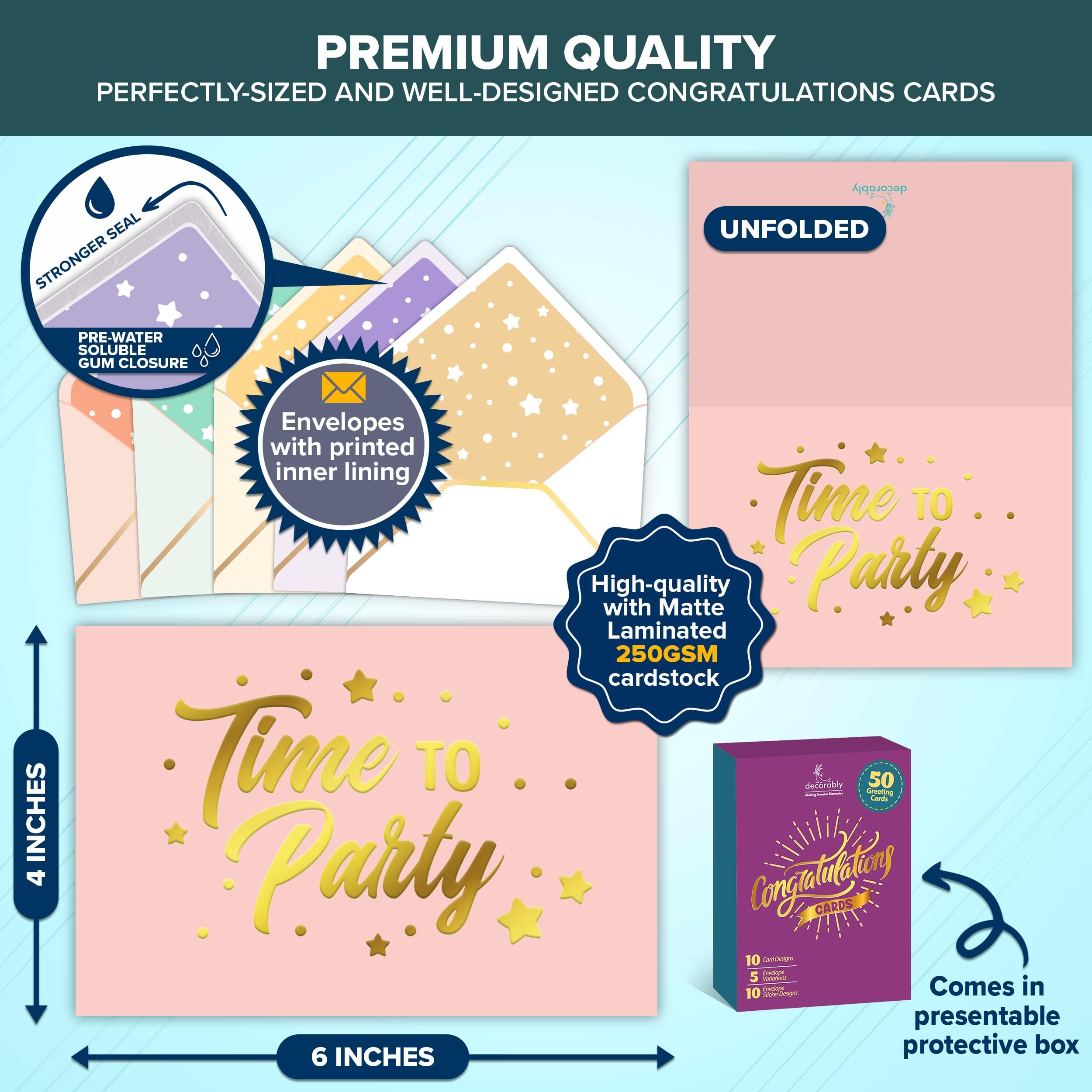 Decorably 50 Pack Gold-Foiled 6x4in Congratulations Greeting Cards with Envelopes and Stickers, 10 Elegant Designs Pack of Congrats Cards, Blank Inside - Graduation, Engagement, Wedding
