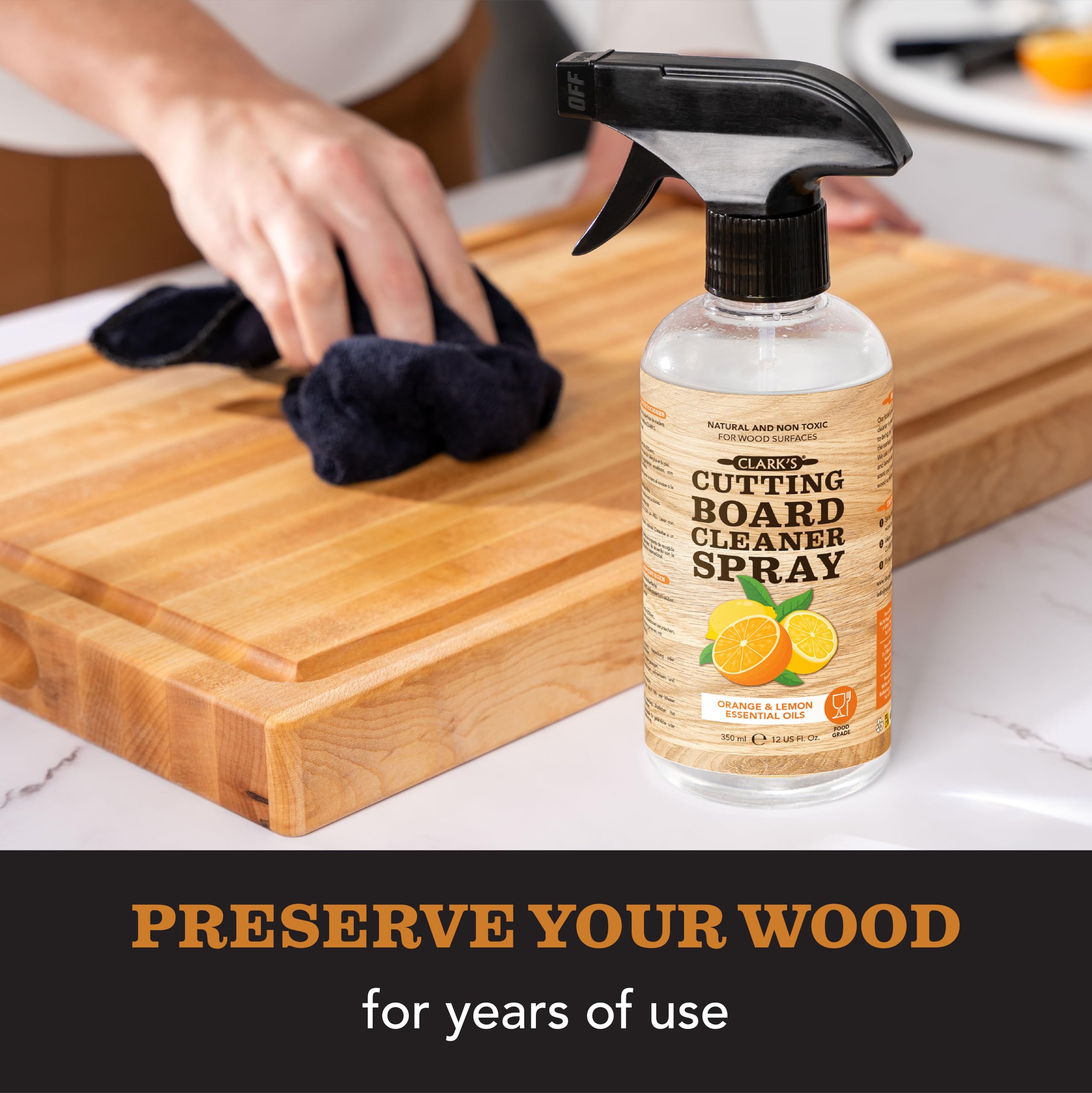 CLARK’S Natural Cutting Board Spray Cleaner with Microfiber Cloth for Wood Countertop – Pure Ingredients Filtered Water, Distilled Vinegar, Castile Soap, Lemon & Orange Citrus Oil Extracts, 12oz