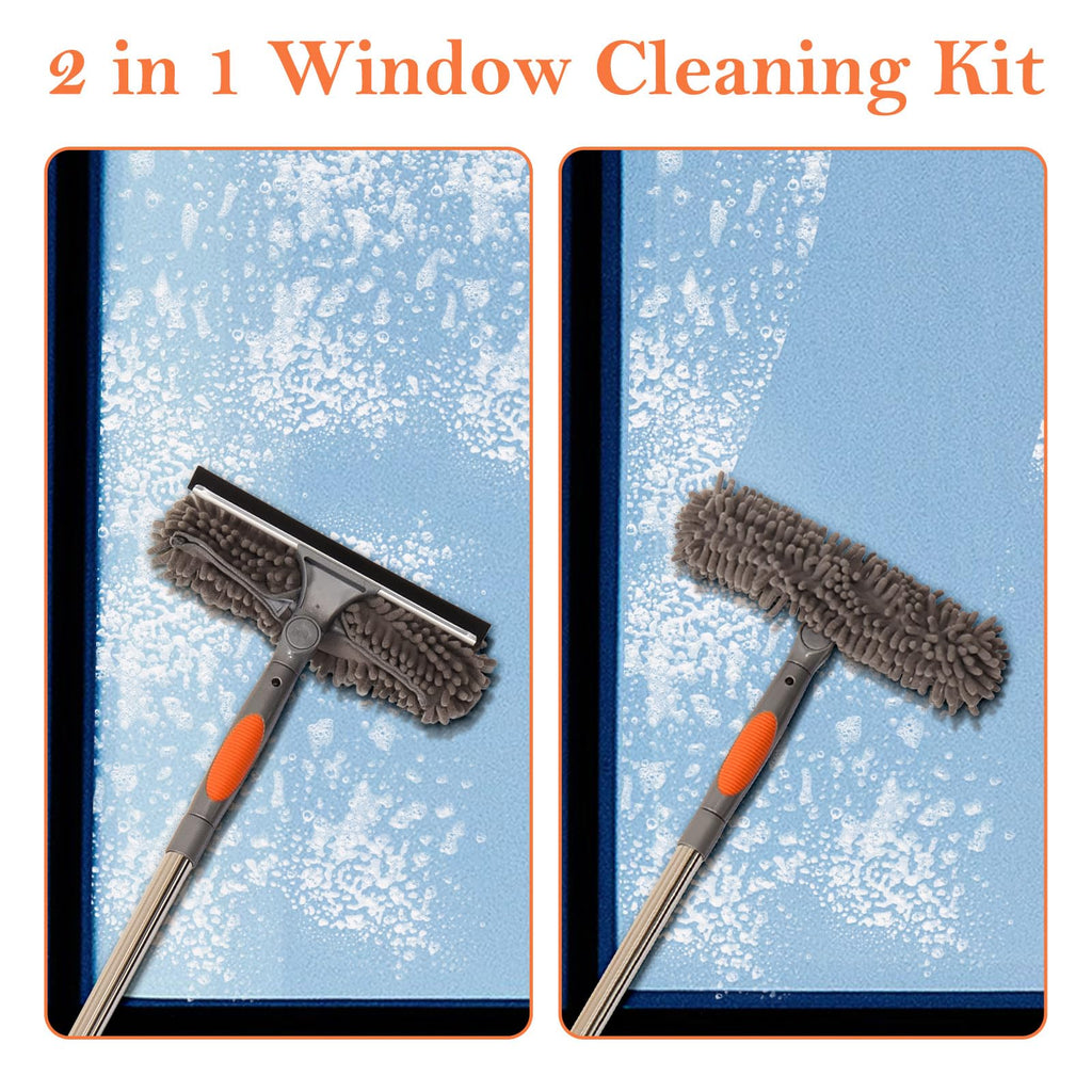 Terafeels 110.23in / 280cm Window Cleaning Tools, Window Squeegee: 2 in 1 Double-Sided Professional Cleaner with Extension Pole (Grey)