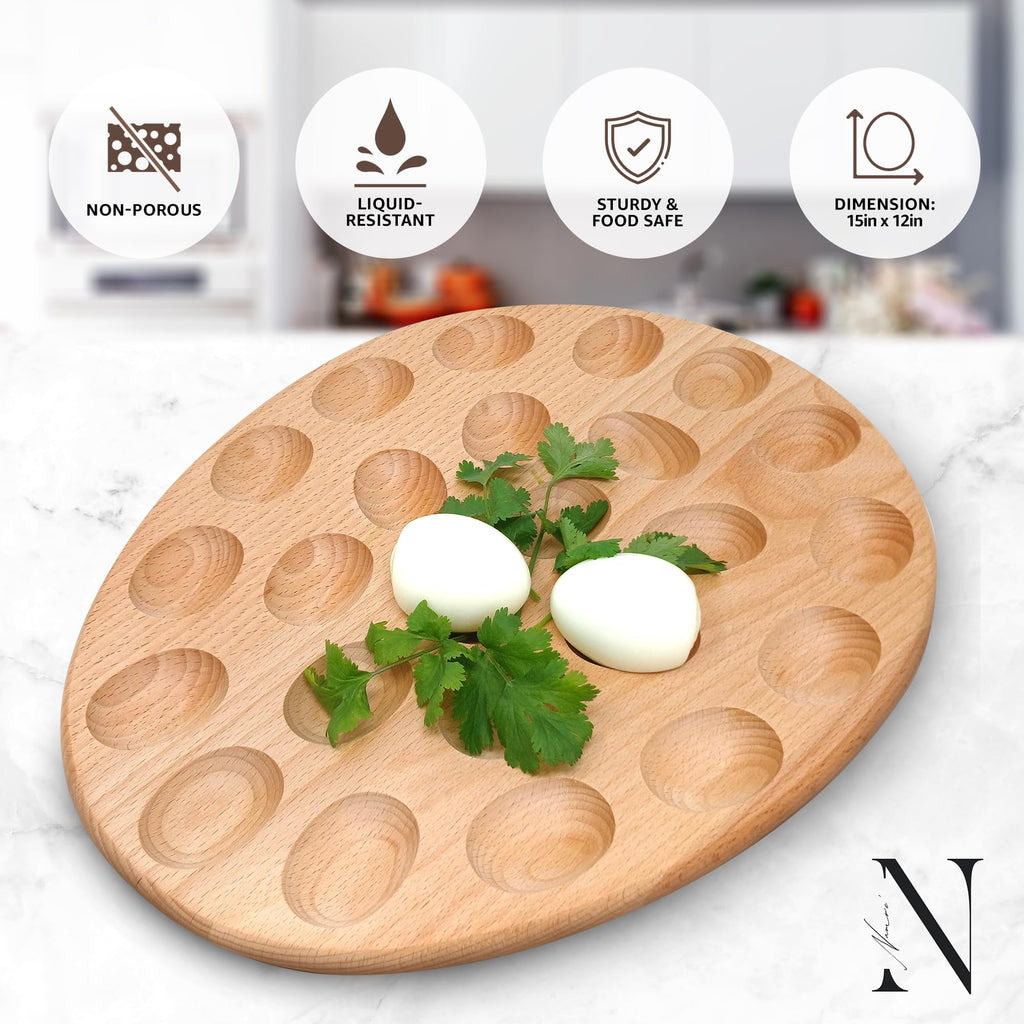 Namre' Wooden Deviled Egg Tray 24 Holes, 15 x 12in - Reversible Deviled Egg Platter & Charcuterie Board - Premium Quality Beechwood Deviled Egg Holder Ideal for Easter - Cutting Board Serving Tray