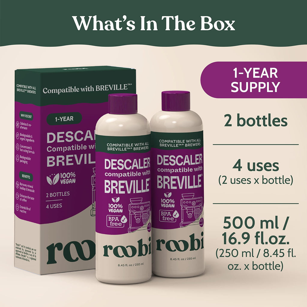Roobi Compatible Descaling Solution for Breville. Specially Formulated to Clean & Descale your Breville Machine. 2 Uses per Bottle, 2 Pack. Eco-Friendly Carbon Neutral Maintenance Kit.