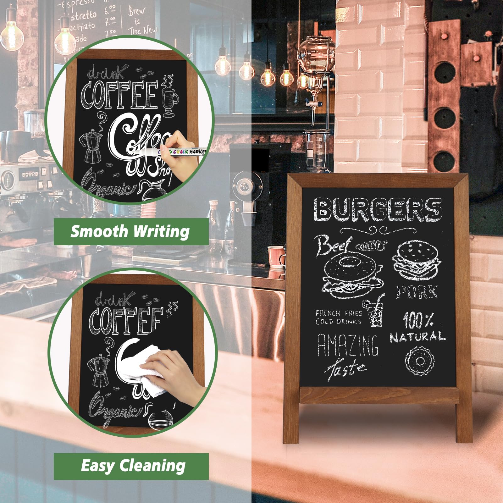 QUEENLINK Magnetic Chalkboard Sign with Stand, 9.5" x 14" Tabletop Wooden Framed Chalk Board, Small Desktop Menu Board for Kitchen Vintage Wedding（Brown）