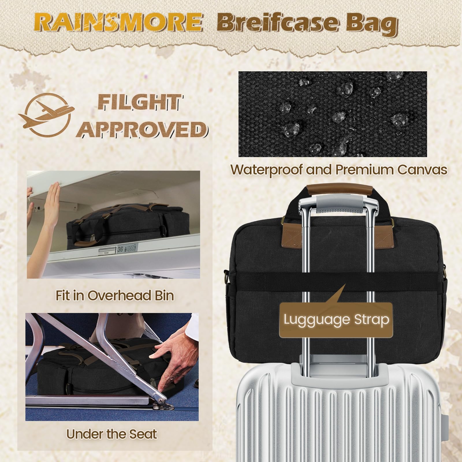 RAINSMORE Messenger Bag for Men 15.6 Inch Laptop Bag Canvas Water-Repellent Computer Bag Casual Office Work Briefcase Fashion Crossbody Shoulder Handbag