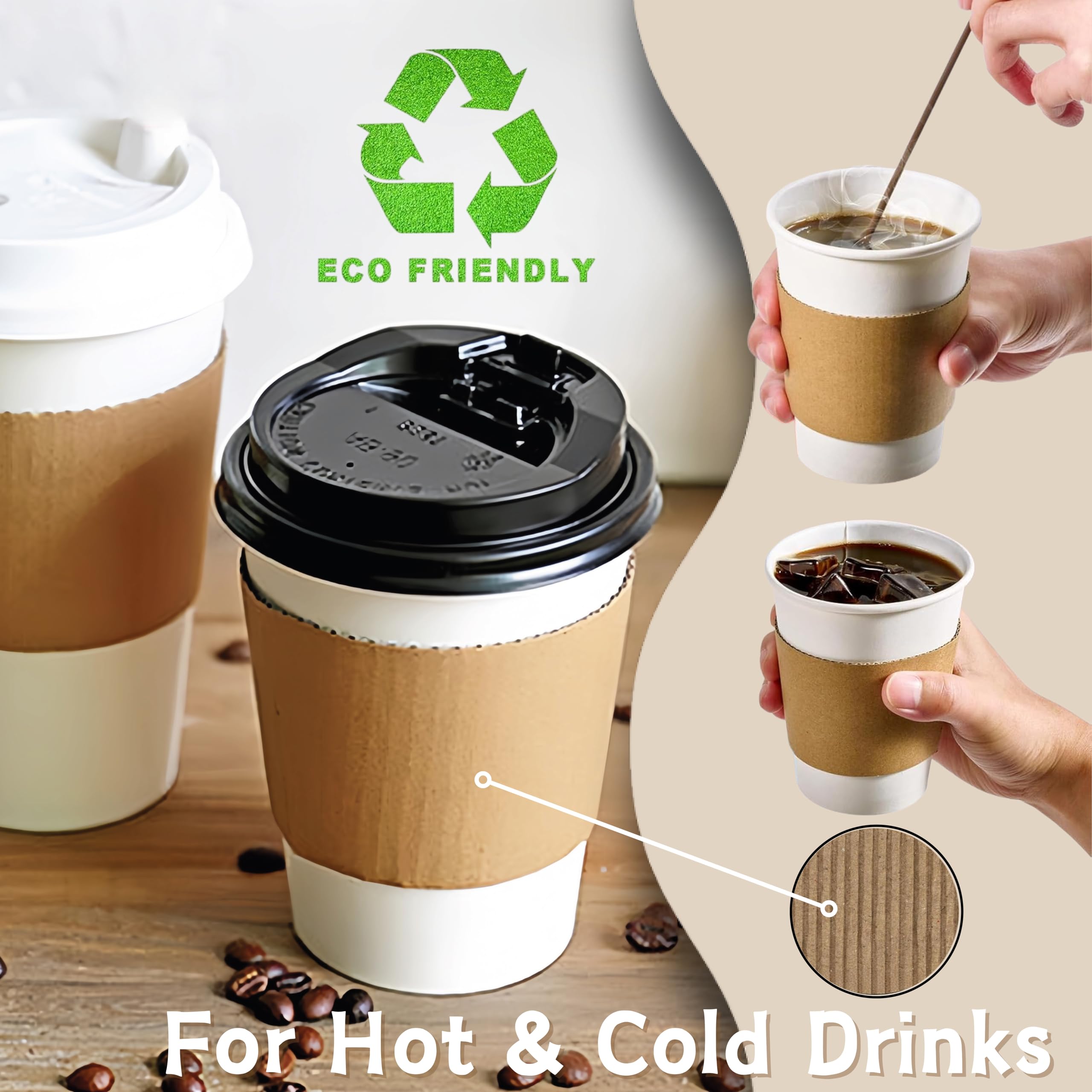250 Pack Coffee Cup Sleeves, Hot Cup Sleeves Fit 12oz, 16oz, 20oz, 22oz & 24oz Cups, Corrugated Coffee Sleeves Disposable for Hor & Cold Drinks