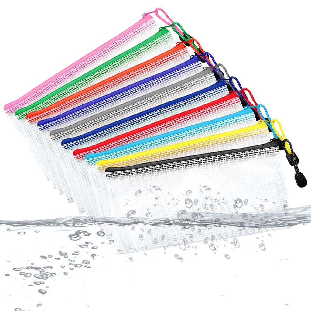 Hedume 50 Pack 10 Colors Zipper Mesh Pouch, A6 (9.1 x 4.7 inches) Zipper Pouch Waterproof Plastic Zip File Bags, for Bills, Cosmetics, Travel Storage and Office Supplies