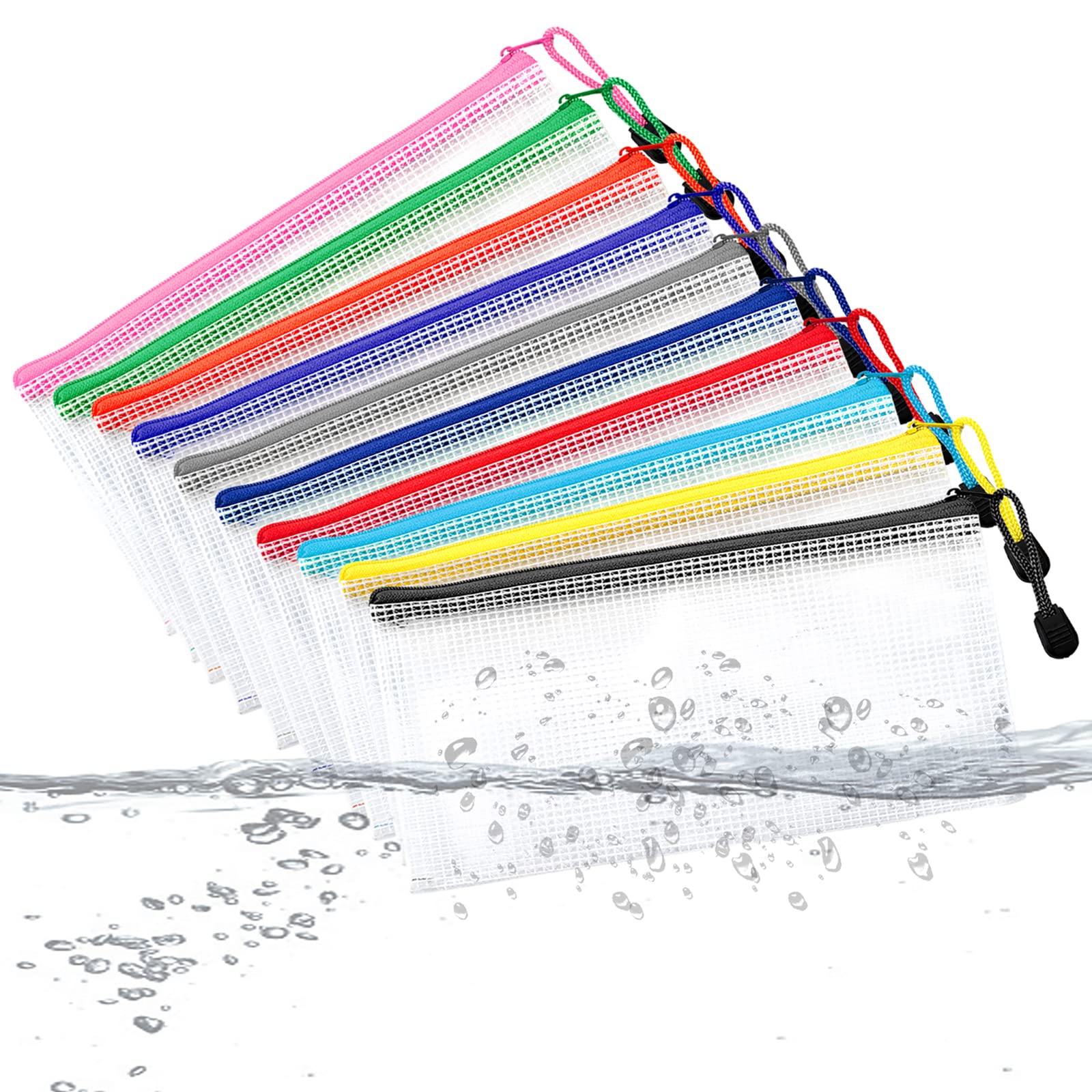 Hedume 50 Pack 10 Colors Zipper Mesh Pouch, A6 (9.1 x 4.7 inches) Zipper Pouch Waterproof Plastic Zip File Bags, for Bills, Cosmetics, Travel Storage and Office Supplies