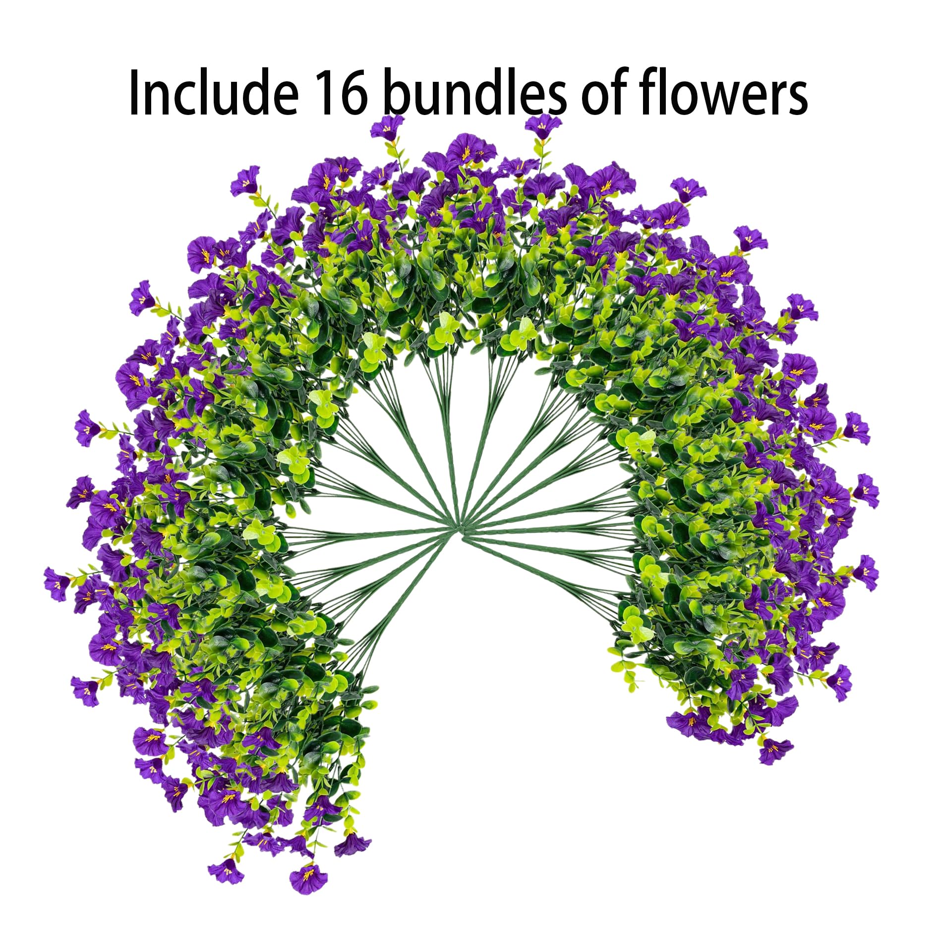Artificial Flowers for Outdoors16 Bundles of UV-Resistant Silk Morning Glory with Eucalyptus-Realistic Faux Plants as Perfect Filler for Home Planter Porch & Garden Decor (Purple)