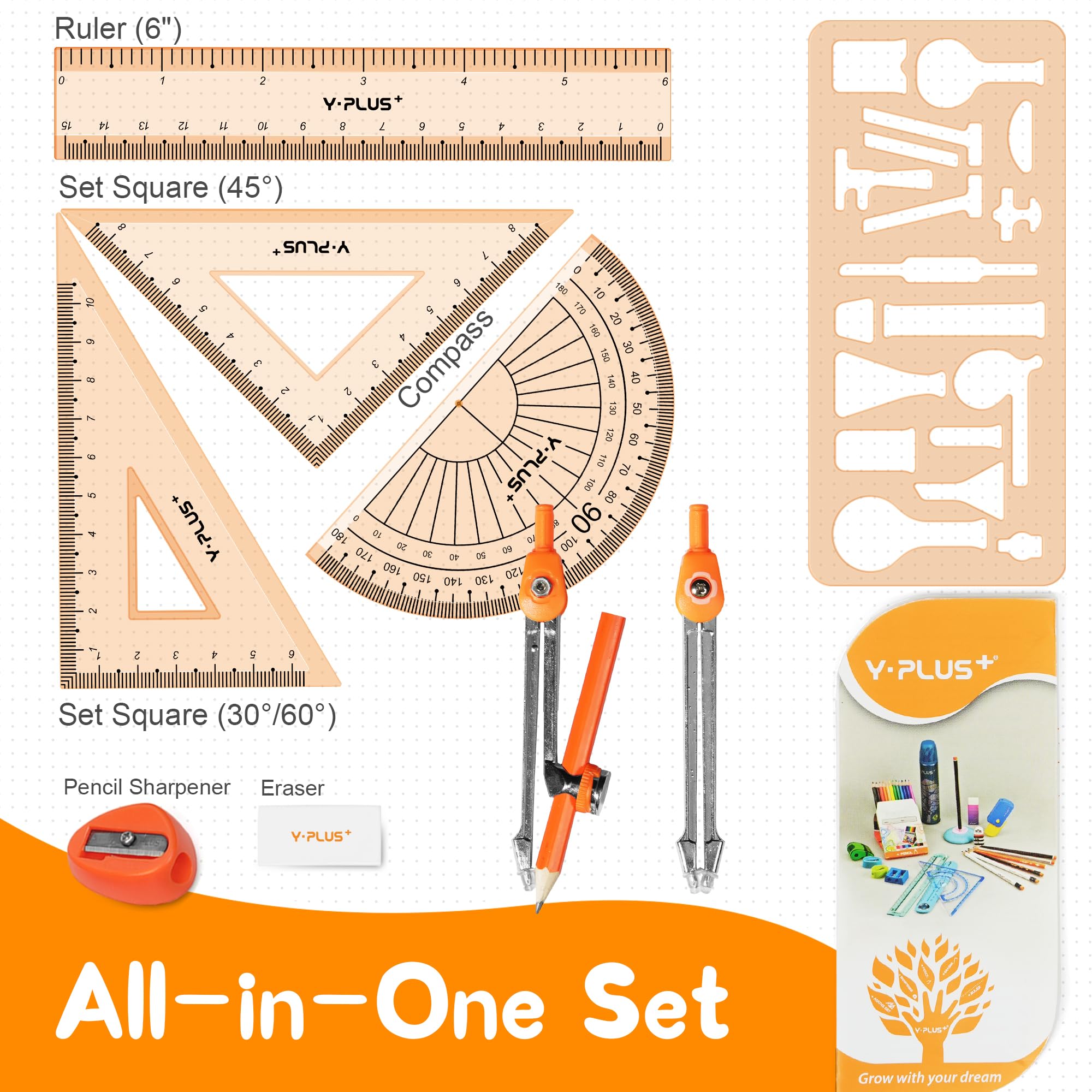Geometry Set for Students, Math Protractor Compass with Rulers, Box of Protactor Kit for Class Supplies and School, 11 Pcs