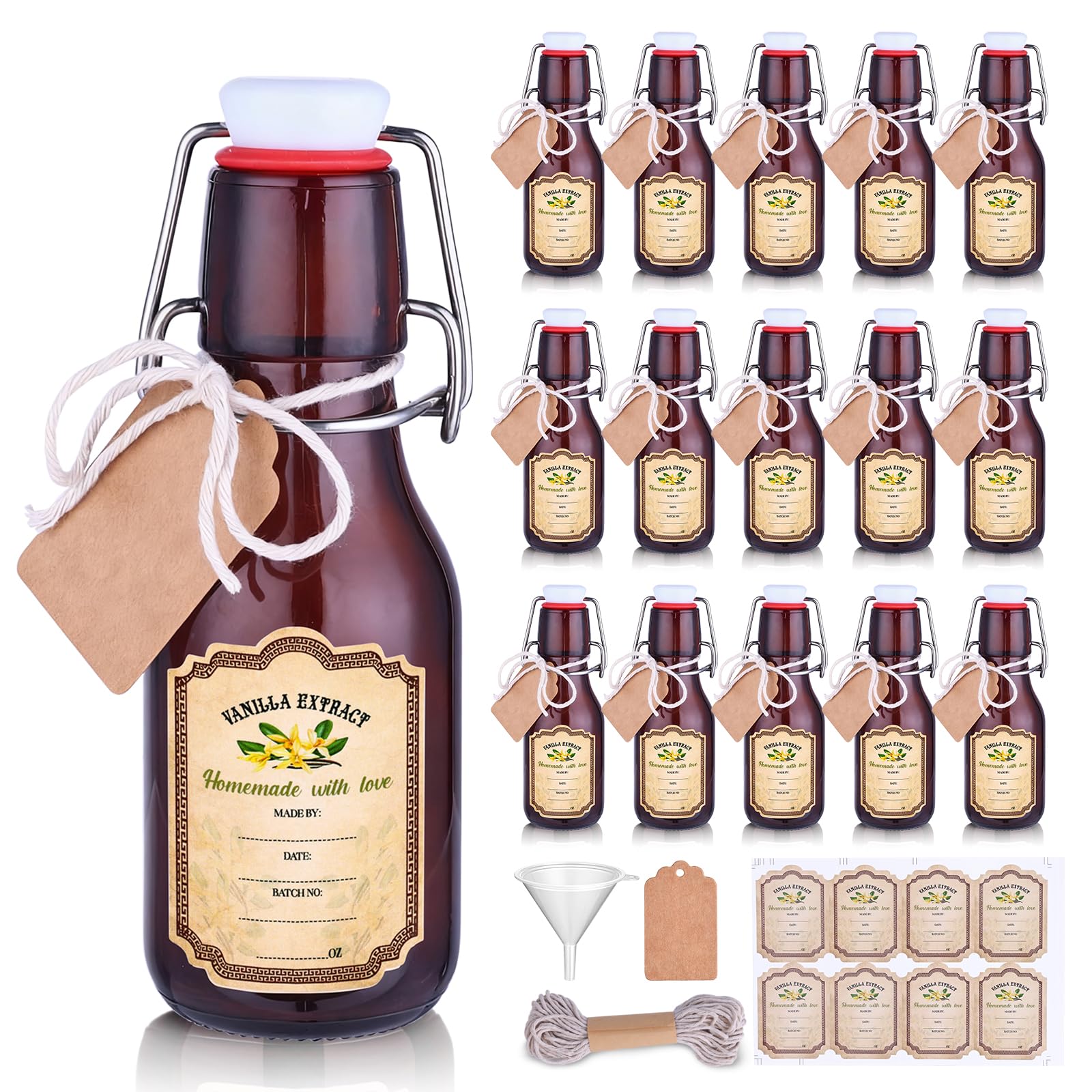 tchrules 16 Brown Vanilla Extract Bottles 5oz Swing Top Glass Bottle for Vanilla Extract Homemade, Gift Giving, Small Glass Bottles for Food Storage Canister for Bean Sauce Spice