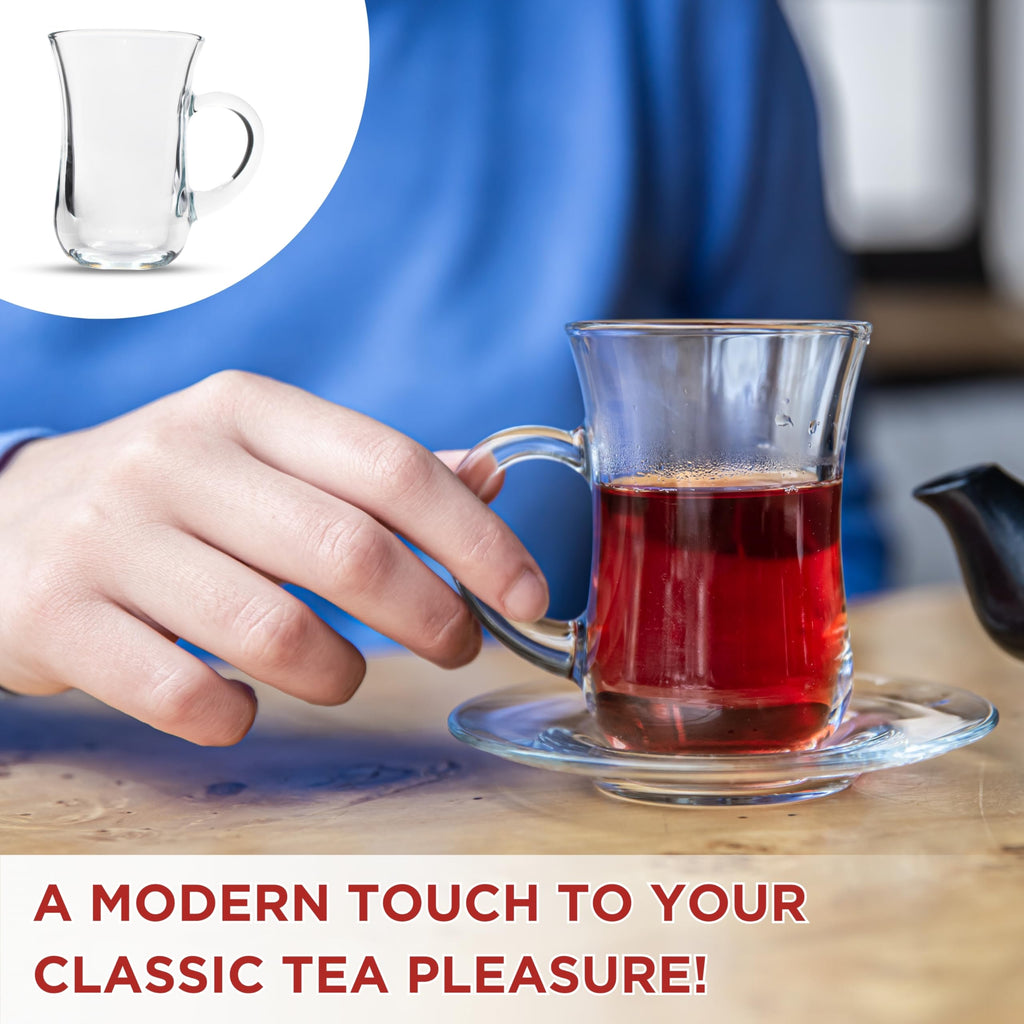 yersiz Turkish Tea Glasses With Handle - 6 pcs Glass Tulip Teacups, 4.9 oz Capacity, 2.6" Diameter, 3.7" Height