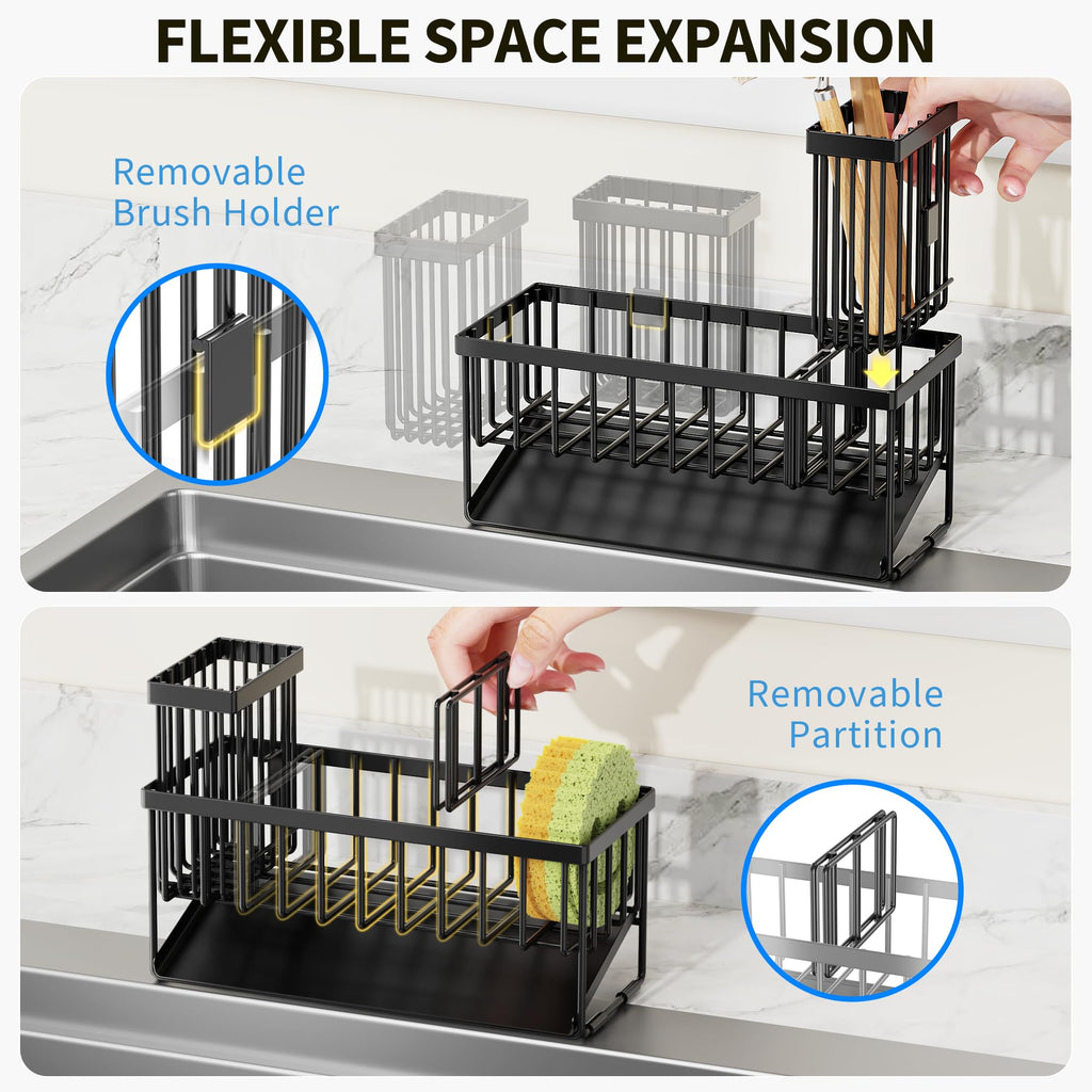 Cisily Kitchen Sink Caddy Organzier with High Brush Holder, Sponge Holder for Sink, 304 Rustproof Stainless, Kitchen Countertop Soap Dispenser Organizer, Kitchen Decor and Accessories (Black)