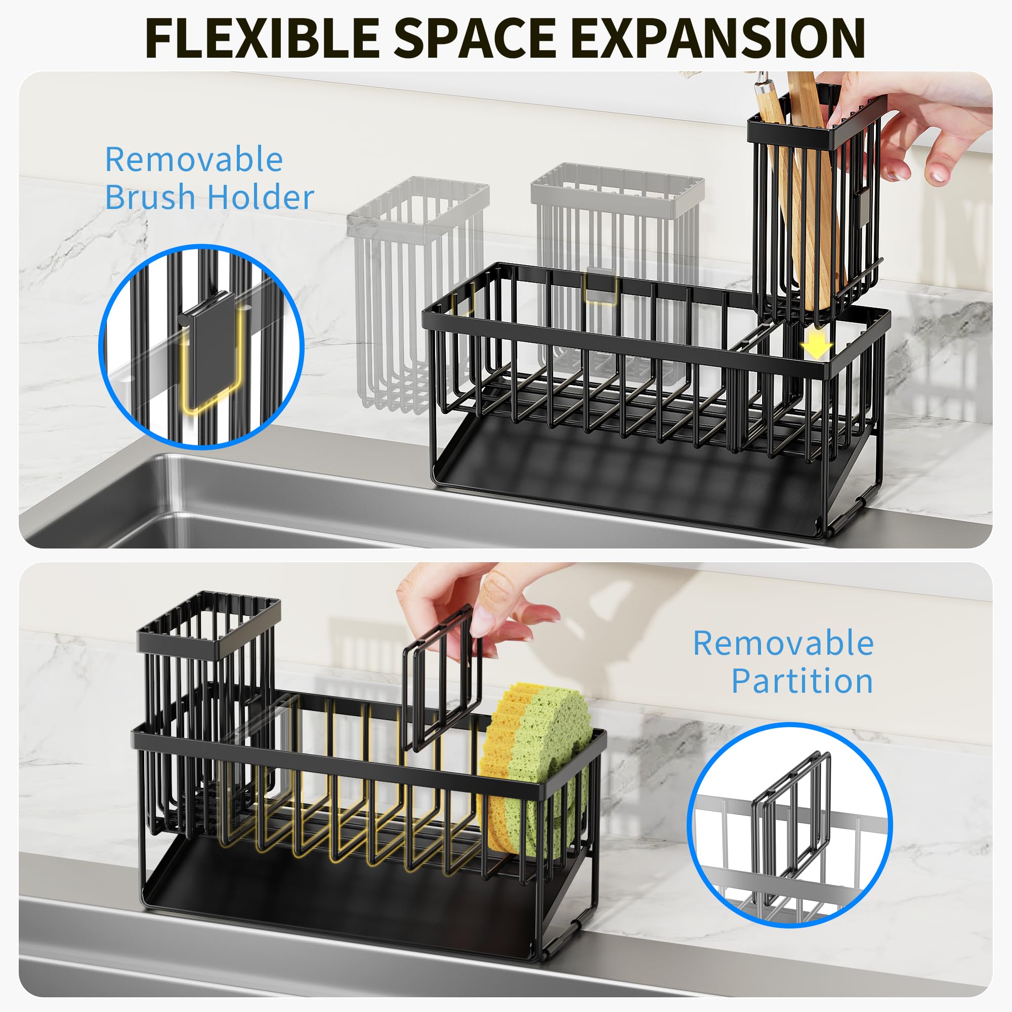 Cisily Kitchen Sink Caddy Organzier with High Brush Holder, Sponge Holder for Sink, 304 Rustproof Stainless, Kitchen Countertop Soap Dispenser Organizer, Kitchen Decor and Accessories (Black)
