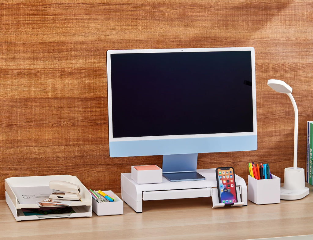 Bostitch Konnect Adjustable Monitor Riser with Drawer & Cell Phone Holder, Laptop Stand for Desk, 4 Height Levels, Cable Management & Rubber Feet