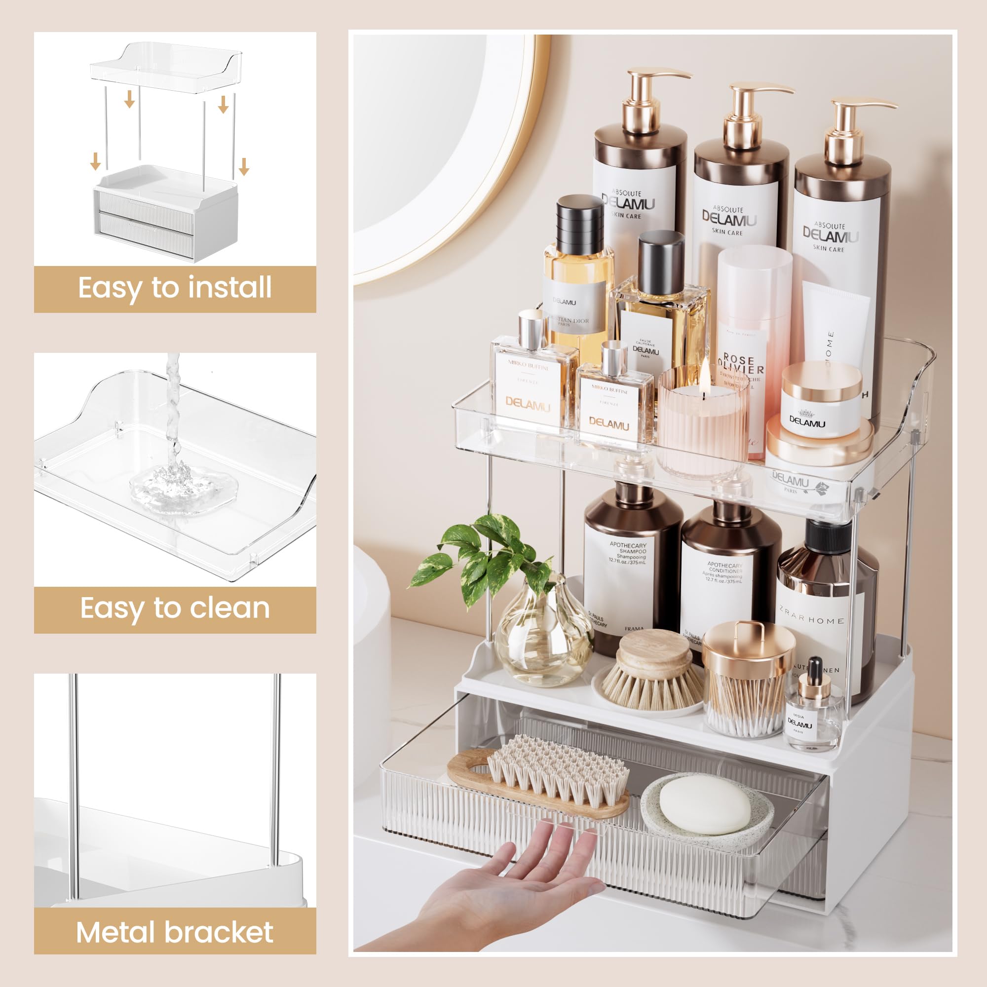 Delamu 2-Tier 2-Drawer Bathroom Organizer Countertop, Multi-Purpose Makeup Organizer Countertop, Large Skincare Organizers, Exquisite Vanity Organizer, Clear