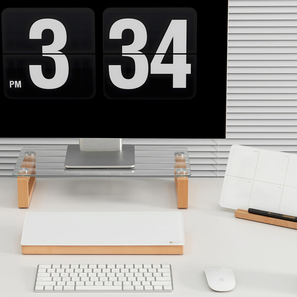 Clear Glass Computer Monitor Stand Riser with Wooden Base for Flat Screen LCD, LED TV, Laptop, Printer, Multi Media Desktop Stand, Office Supplies Desk Organization (Light&Clear)