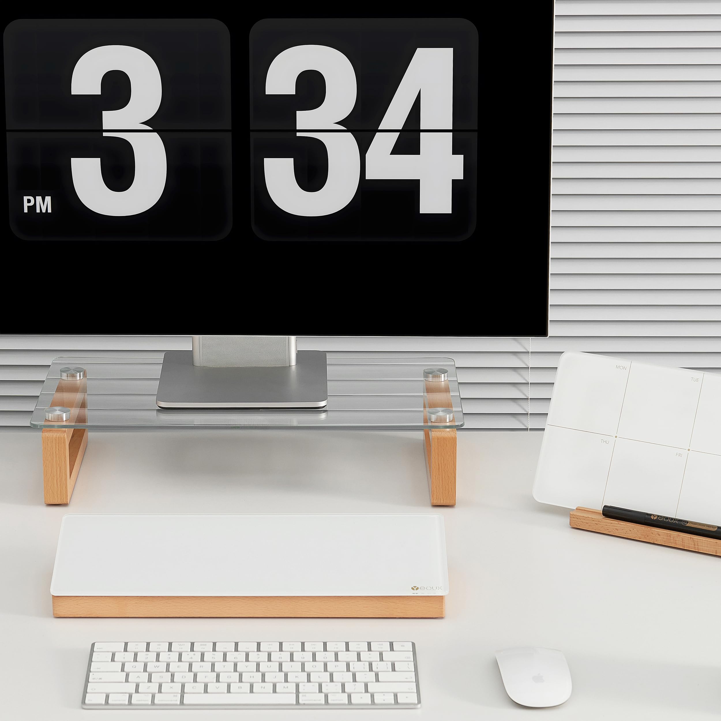 Clear Glass Computer Monitor Stand Riser with Wooden Base for Flat Screen LCD, LED TV, Laptop, Printer, Multi Media Desktop Stand, Office Supplies Desk Organization (Light&Clear)