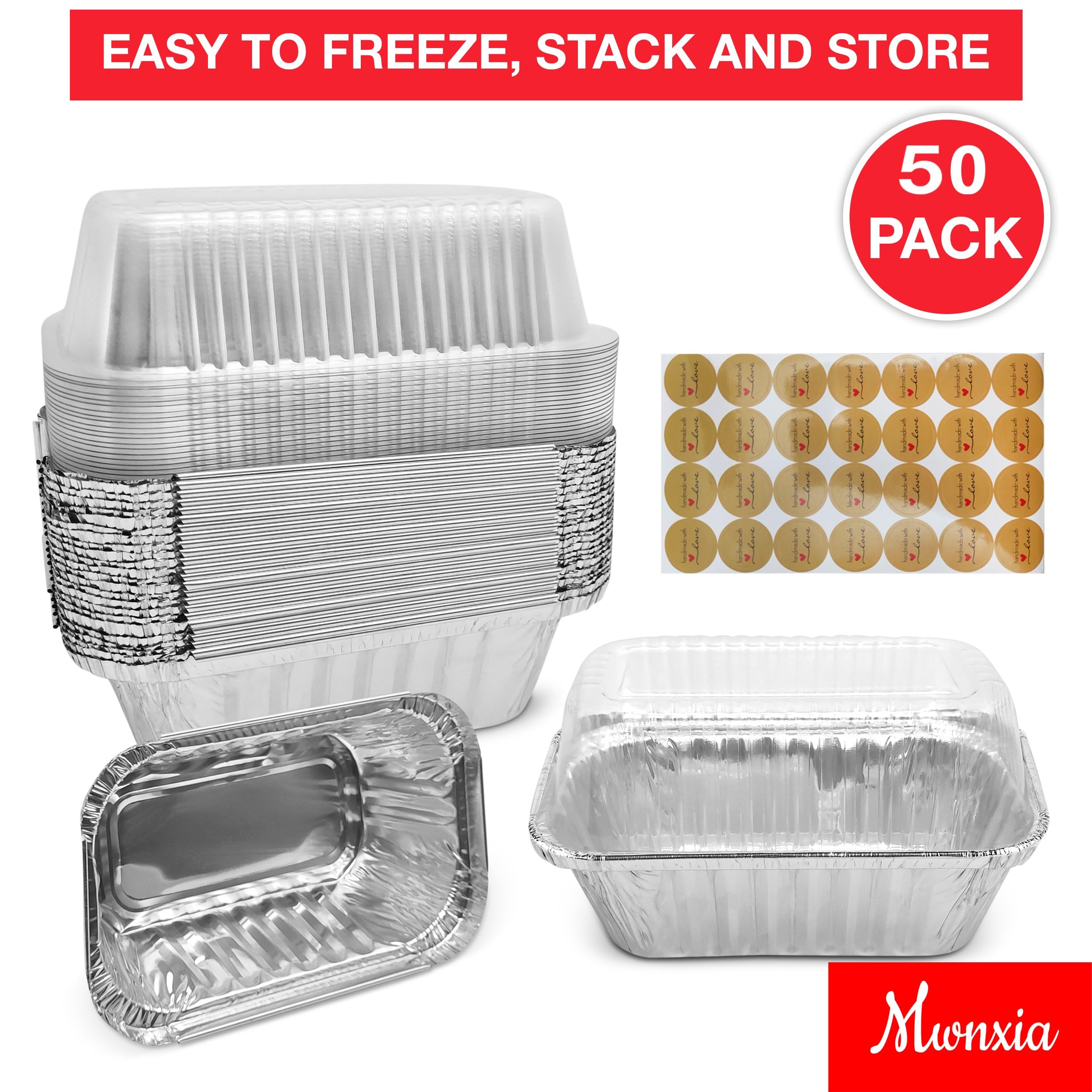 Mwnxia Mini Loaf Pans for Baking with Lids 50 Pack Mini Cake Pans with Lids Complete with Handmade with Love Stickers for Baking Bread, Fruit Cake, Banana Bread, Meatloaf and Baked Goods