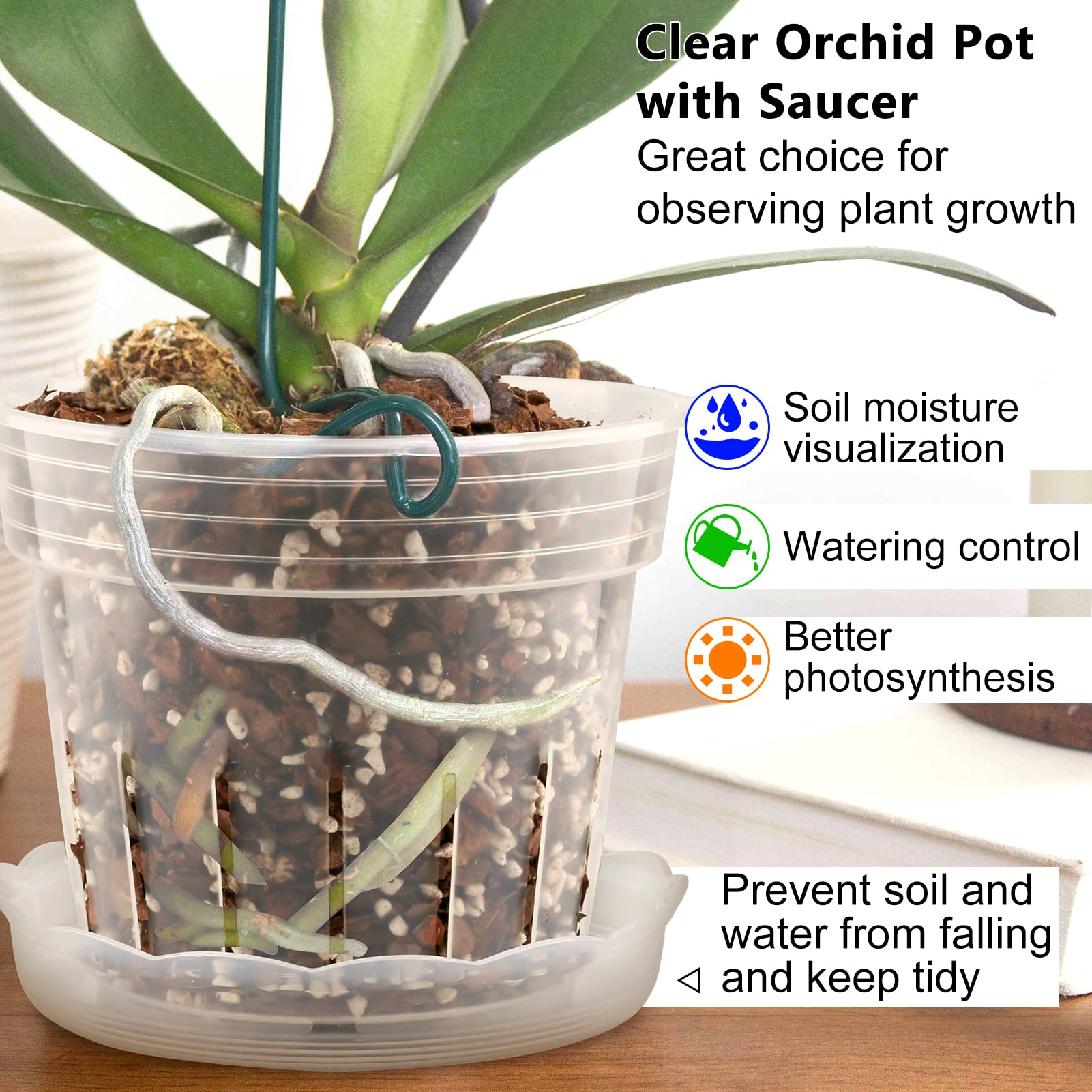 Fabulas Orchid Pot, 8 Clear Orchid Pots with Holes and 6 Saucers, 2 Each of 4.1, 4.8, 5.7 and 6.4 Inch Orchid Pots for Repotting, Plastic Orchid Planter Breathable Slotted Flower Plant Nursery Pot