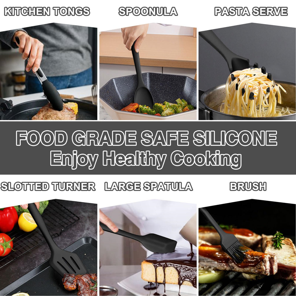 Silicone Kitchen Utensils Set, Umite Chef 22Pcs Cooking Utensils Spatula Set, Heat Resistant Non-Stick Silicone, Dishwasher Safe Cooking Gadgets Tools Set(Black)