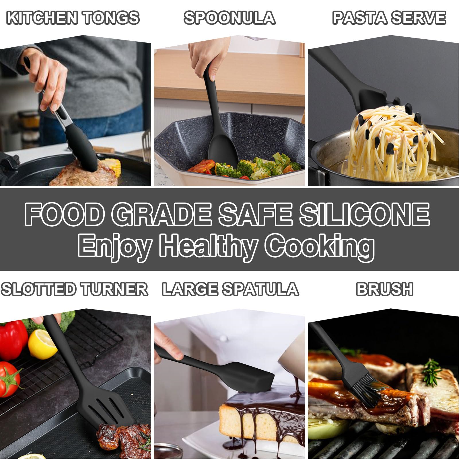 Silicone Kitchen Utensils Set, Umite Chef 22Pcs Cooking Utensils Spatula Set, Heat Resistant Non-Stick Silicone, Dishwasher Safe Cooking Gadgets Tools Set(Black)
