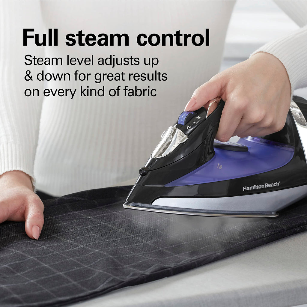 Hamilton Beach Steam Iron for Clothes, Retractable Cord Iron, Stainless Steel Soleplate, 1200W, Vertical Steam, Spray & Steam Boost, Black, 14214