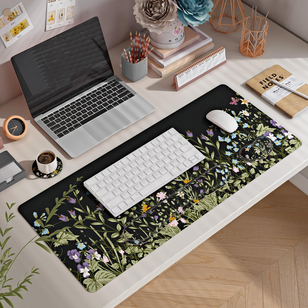 4 in 1 Extended Mouse Pad Set with Memory Foam Keyboard Wrist Rest, Mouse Wrist Cushion & Cute Coaster, Ergonomic Large Desk Pad for Home Office & Gaming (Wild Flowers)