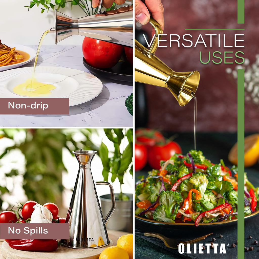 Olietta Oil Dispenser Stainless Steel Non Drip Leak Proof No Mess Olive Oil & Vinegar Pourer & Kitchen Drizzler Bottle 500ML 0.5 Litre Great for Pouring & Drizzling Easy to Clean & Leakproof