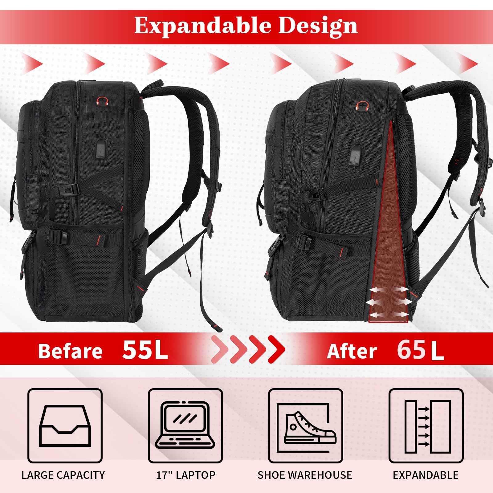 Travel Business Laptops Backpack, Expandable 70L Carry-On Luggage Backpacks for Men, with Shoes Compartment, Waterproof Outdoor Casual Daypack Gym Sports Bags College School Computer Backpack, Upgrade