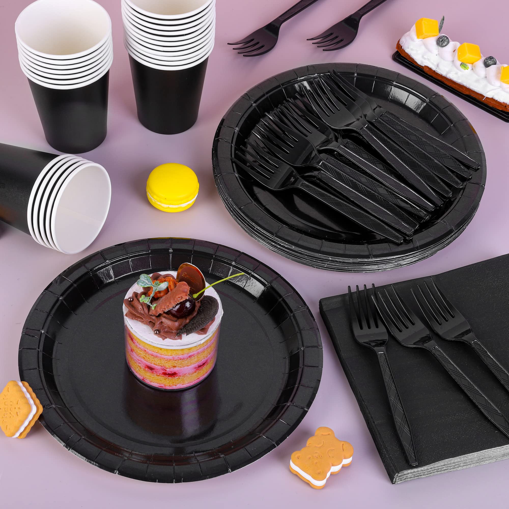 ADXCO Party Supplies - Disposable Black Party Decorations: 9 Inch Paper Plates, Cups, Napkins - Serves 24 for Birthday, Wedding, Holidays