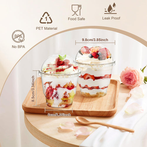 100 Pcs 12 oz Clear Plastic Dessert Cups with Dome Lids No Hole, Disposable Plastic Yogurt Parfait Cup, Crystal PET Fruits Cups with Lid for Pudding Ice Cream Snack Jello Party Birthday Wedding