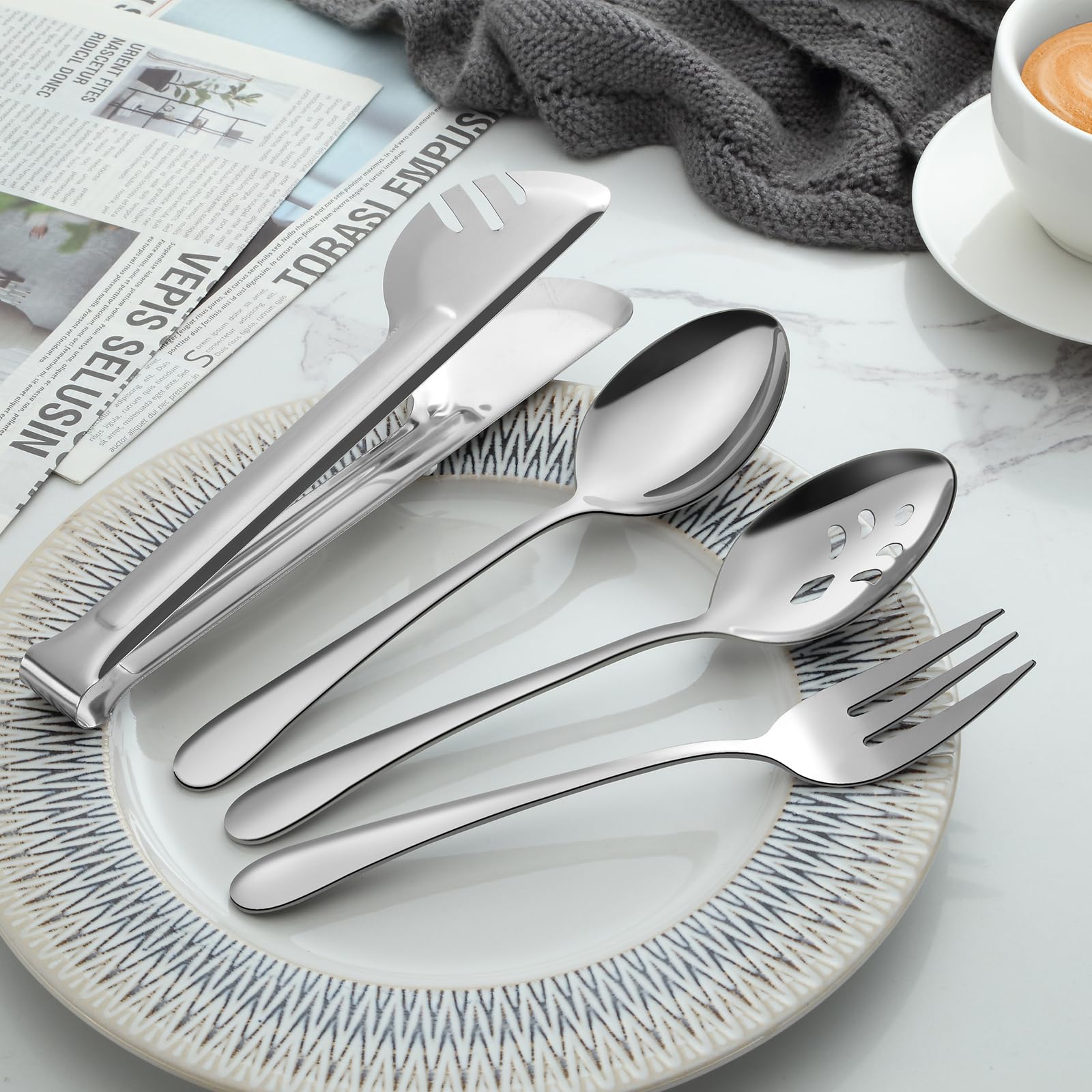 Pleafind 16 PCS Stainless Steel Serving Utensils Set With Spoons, Slotted Spoons, Forks and Tongs for Parties, Buffet, Banquet