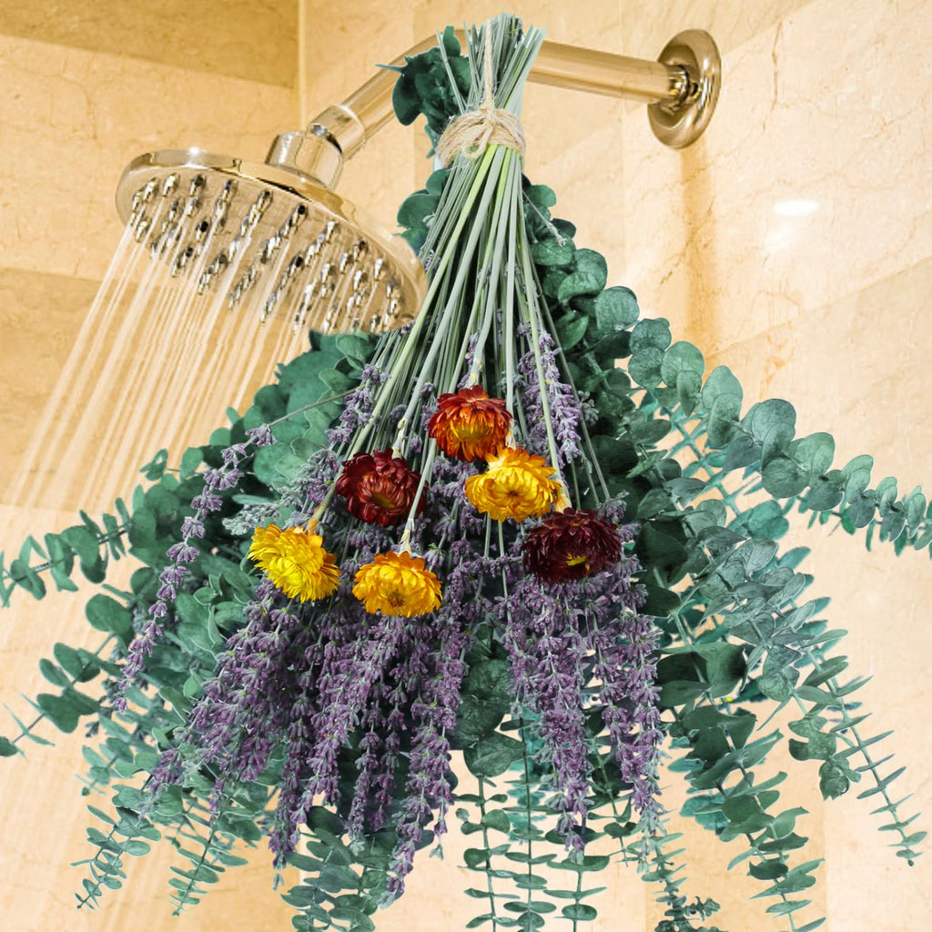 115 Pcs Dried Preserved Eucalyptus Stems & Lavender Flowers Bundles for Shower, 17'' Natural Real Live Eucalyptus Leaves Greenery Hanging Lavender Shower Plant, Fragrance, Decor