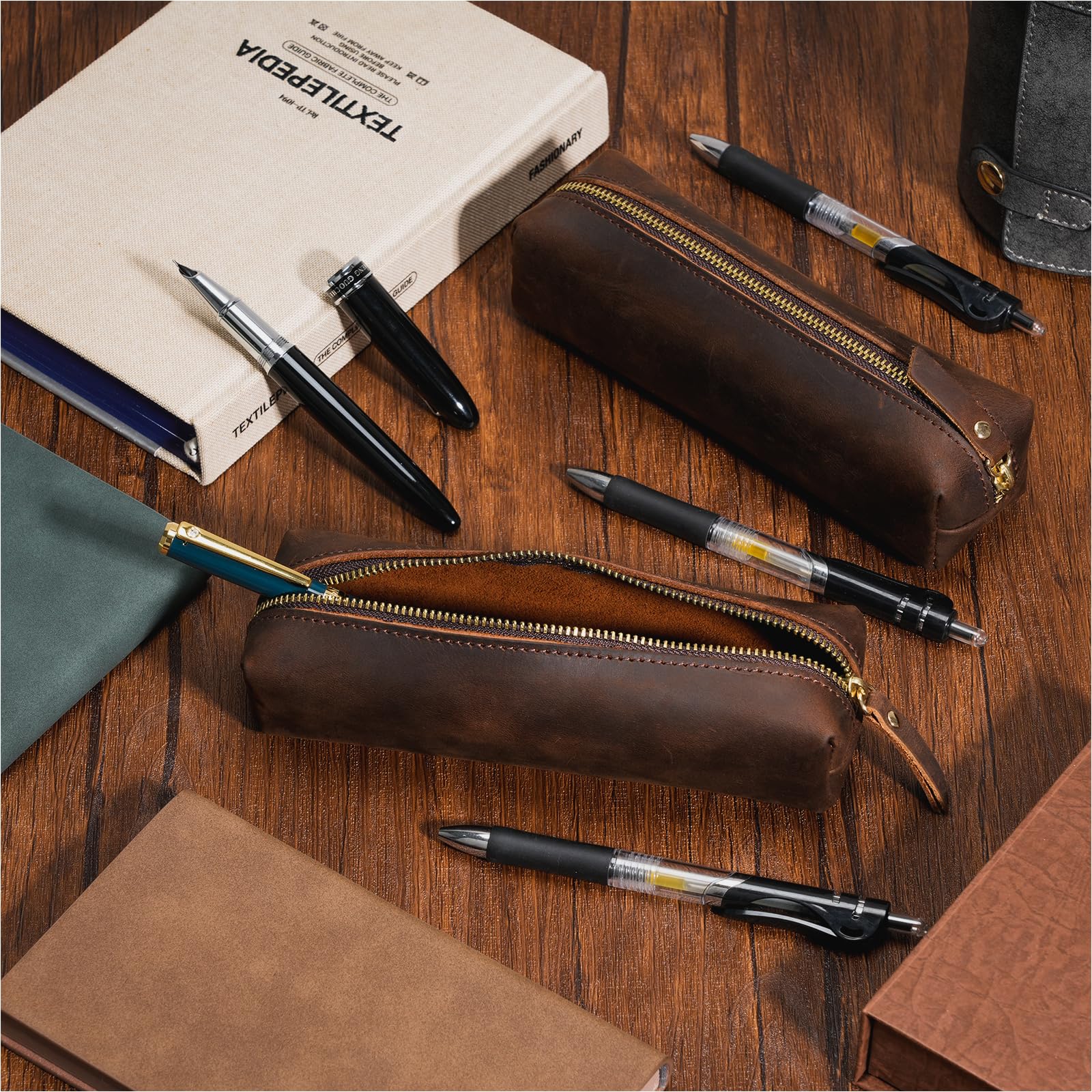 ECHSRT Small Pencil Pouch-Full-Grain Leather Pencil Case for Men- Vintage Genuine Leather Pouch for Adults-Stationery Organizer Bag for Work & Travel-Square-Coffee