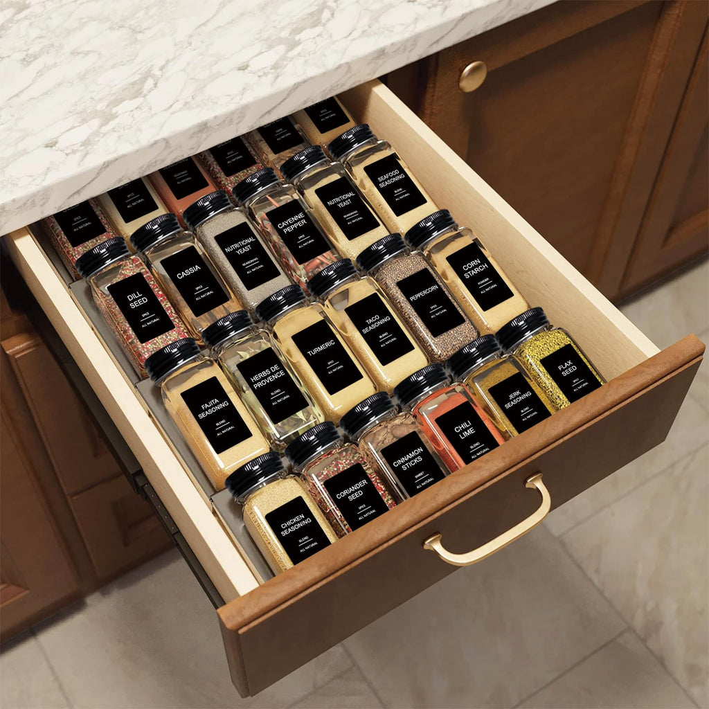 AISIPRIN 24 Pcs Glass Spice Jars with 398 Labels, 4oz Empty Square Containers Seasoning Bottles - Shaker Lids, Funnel, Brush and Marker Included(Black Metal Caps)