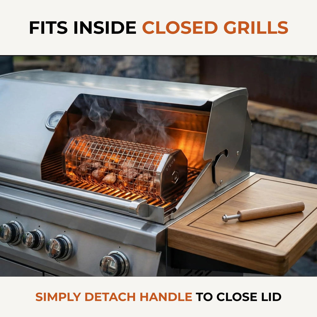 2 Pack Rolling Grill Basket – Stainless Steel Grilling Basket with Lid and Removable Wooden Handle – BBQ Accessories for Vegetables, Shrimp, Meat – Outdoor Cooking Gift for Dad or Husband