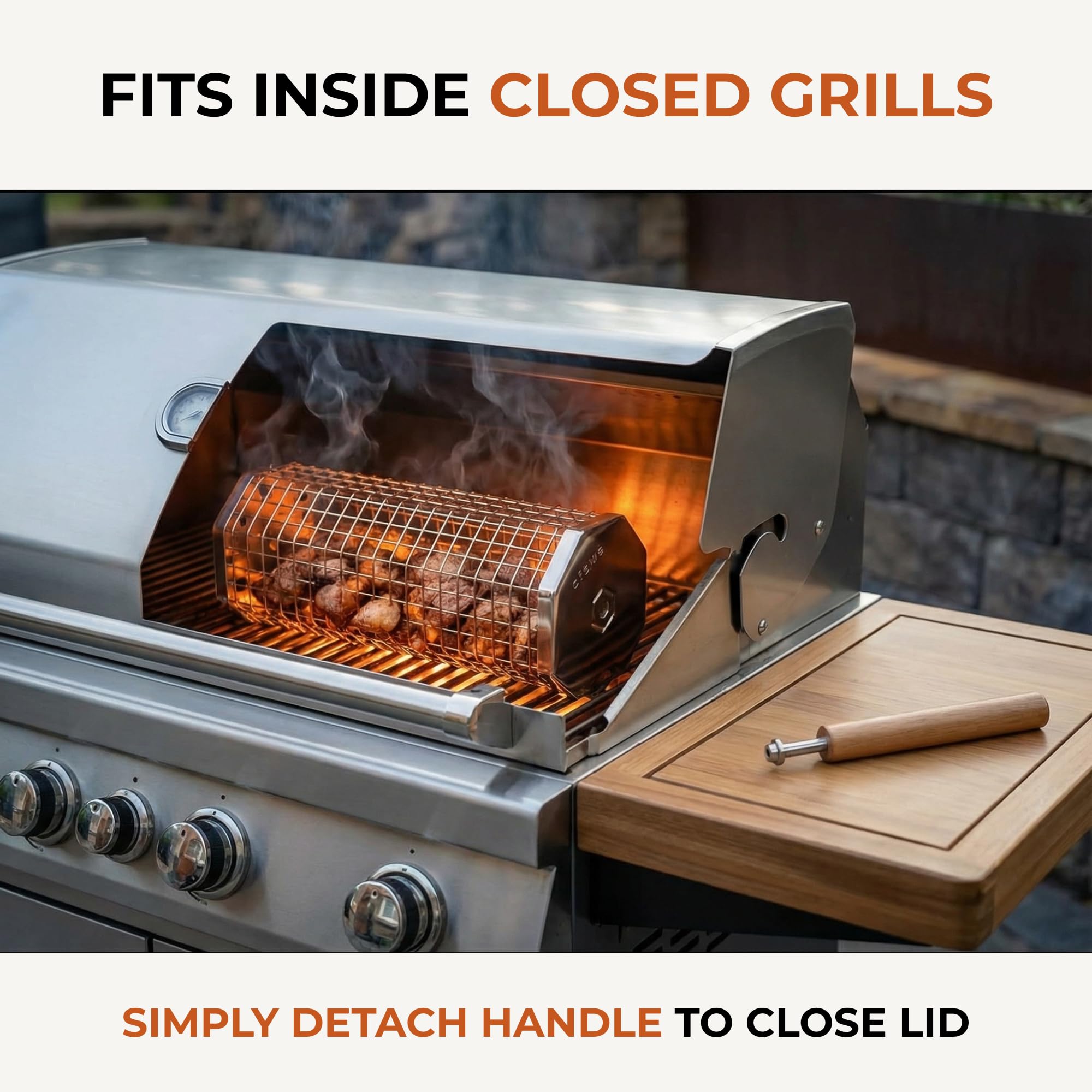 2 Pack Rolling Grill Basket – Stainless Steel Grilling Basket with Lid and Removable Wooden Handle – BBQ Accessories for Vegetables, Shrimp, Meat – Outdoor Cooking Gift for Dad or Husband