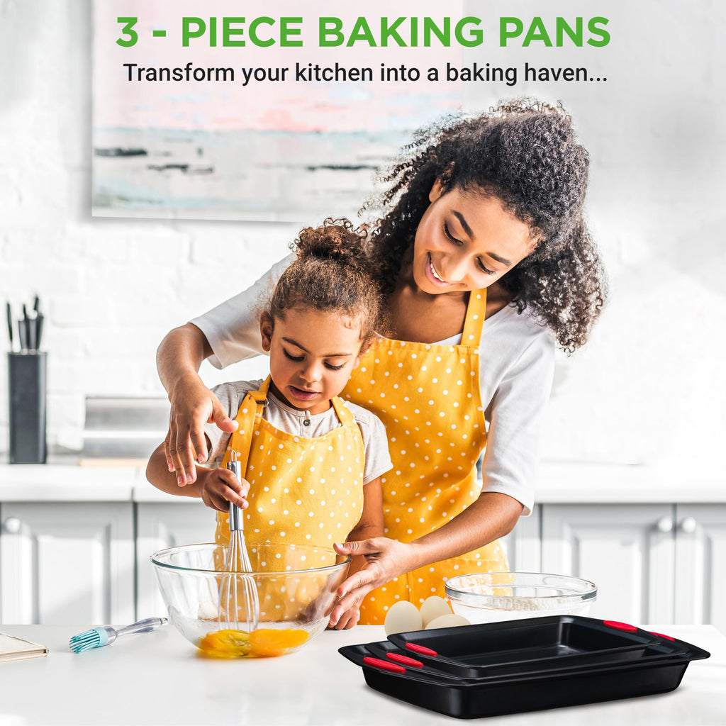 Nutrichef 3-Piece Baking Pan Set - PFOA, PFOS, PTFE Free Nonstick Black Coating Carbon Steel Bakeware - Professional Home Kitchen Bake Cookie Sheet Stackable Tray w/Red Silicone Handles