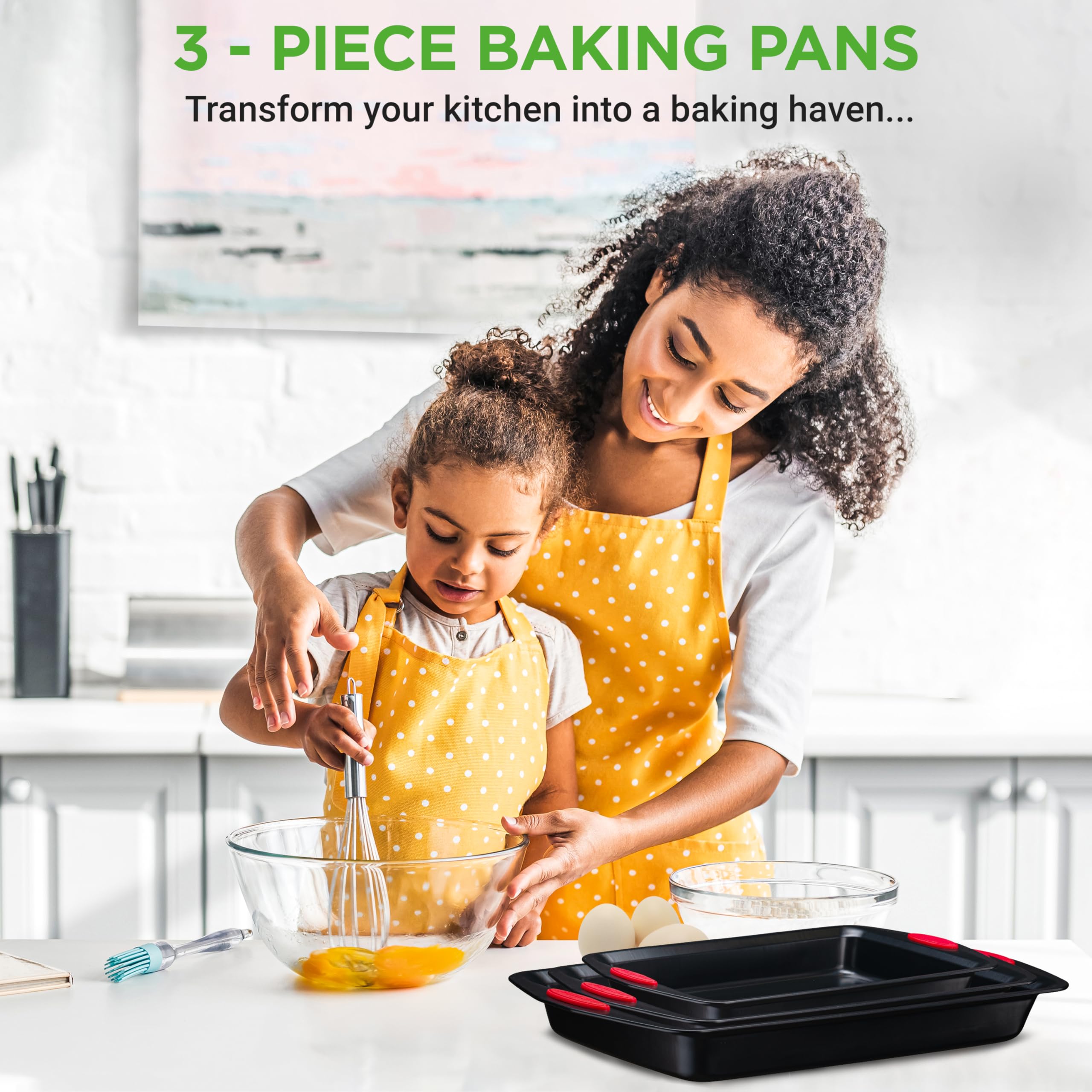 Nutrichef 3-Piece Baking Pan Set - PFOA, PFOS, PTFE Free Nonstick Black Coating Carbon Steel Bakeware - Professional Home Kitchen Bake Cookie Sheet Stackable Tray w/Red Silicone Handles