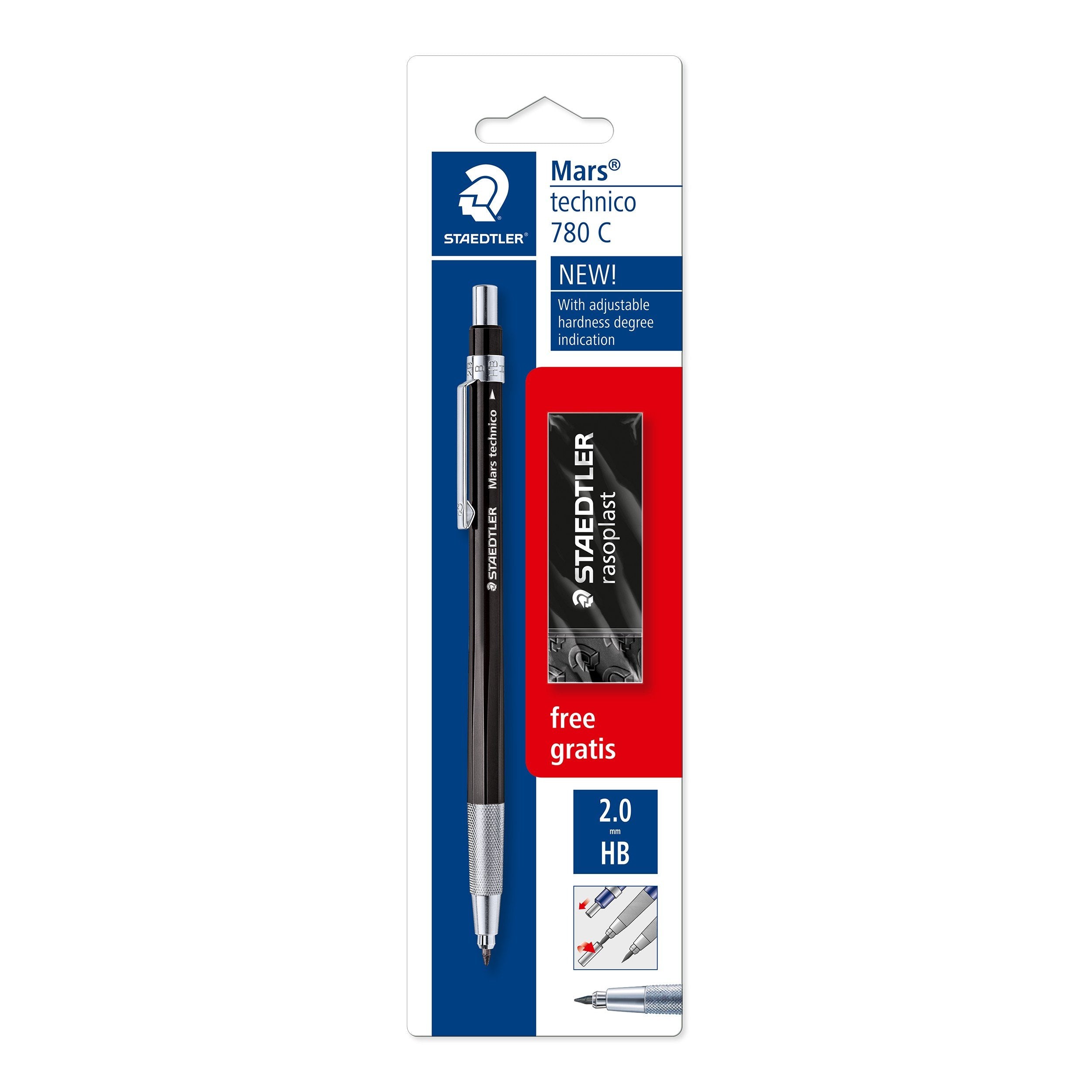 STAEDTLER 780 C BKP6 Mars Technico Leadholder Clutch Pencil with Built-In Sharpener - HB, 2mm Line Width (Pack of 1 + FREE Eraser)