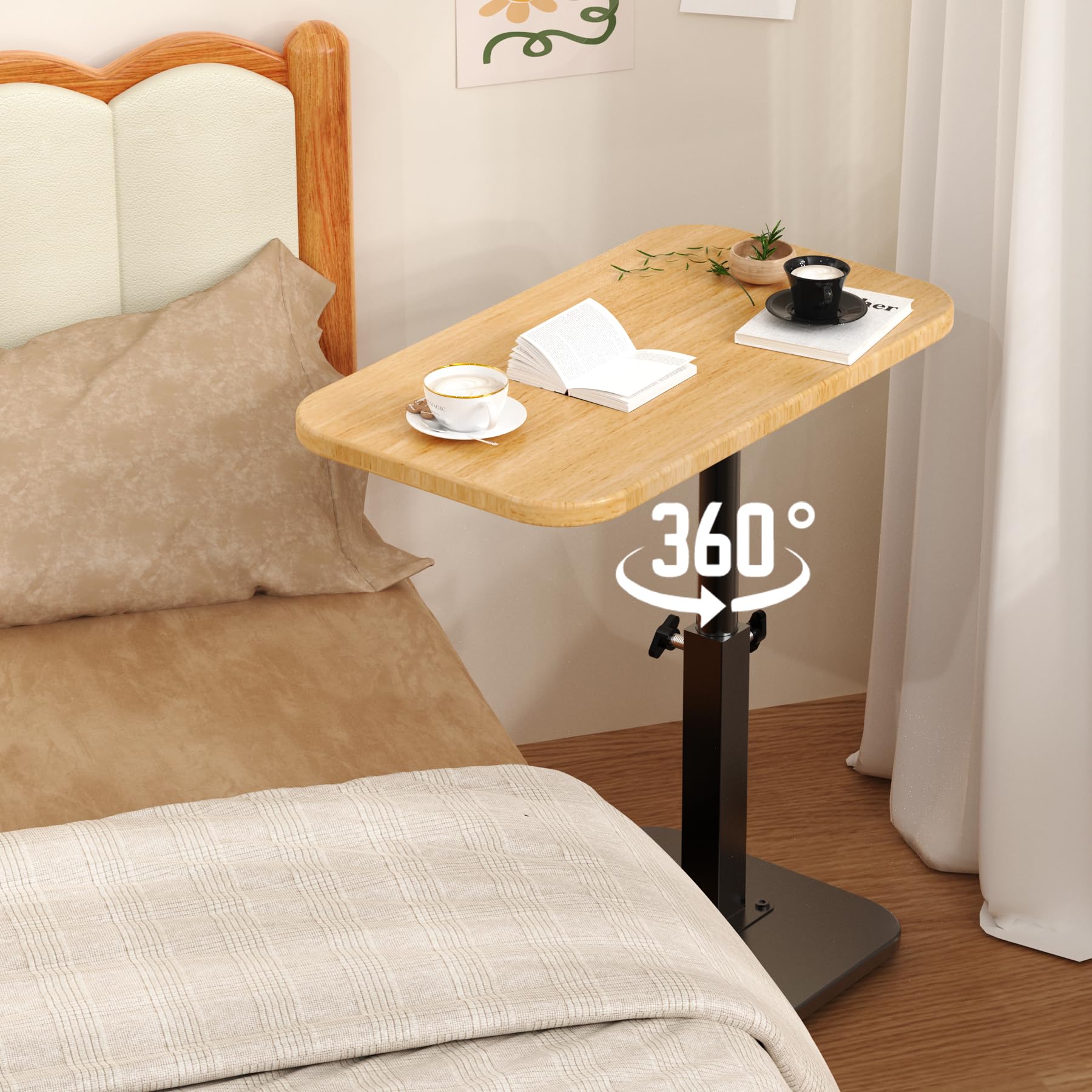 Botion Adjustable Height C-Shaped Table, 360° Swivel TV Tray, TV Tray for Couch, Bedside and Living Room, Couch Table with Metal Pillar(Nature)