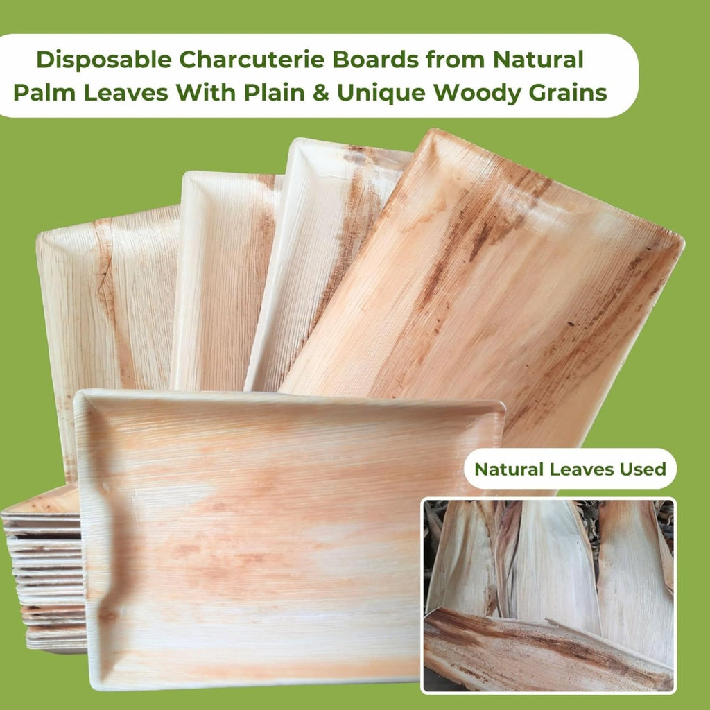 Dtocs Disposable Charcuterie Boards 14x10 Inch (10 Pcs) | Wooden Serving Tray Look Palm Leaf Platters for Food Appetizers, Parties, Catering | Microwavable Serving Platters Alt to Paper, Bamboo