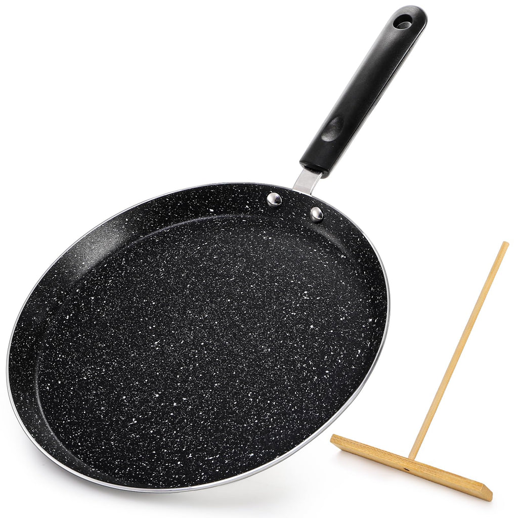 WRINGKIT 10 Inch Nonstick Crepe Pan with Spreader, Flat Skillet Tortilla Pan with Granite Coating, Round Griddle Pancake Pan with Stay-Cool Handle, Induction Compatible, PFOA Free