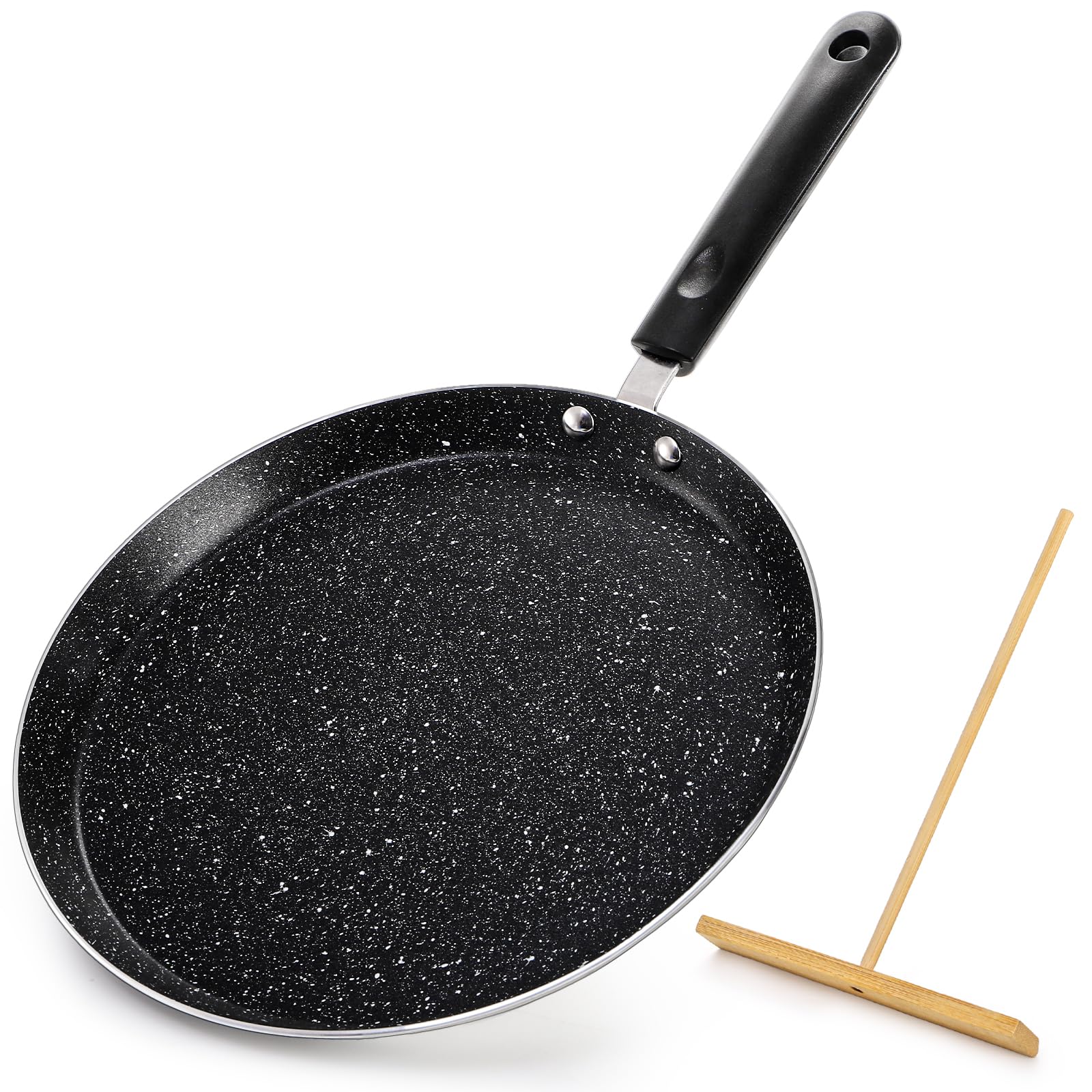 WRINGKIT 10 Inch Nonstick Crepe Pan with Spreader, Flat Skillet Tortilla Pan with Granite Coating, Round Griddle Pancake Pan with Stay-Cool Handle, Induction Compatible, PFOA Free