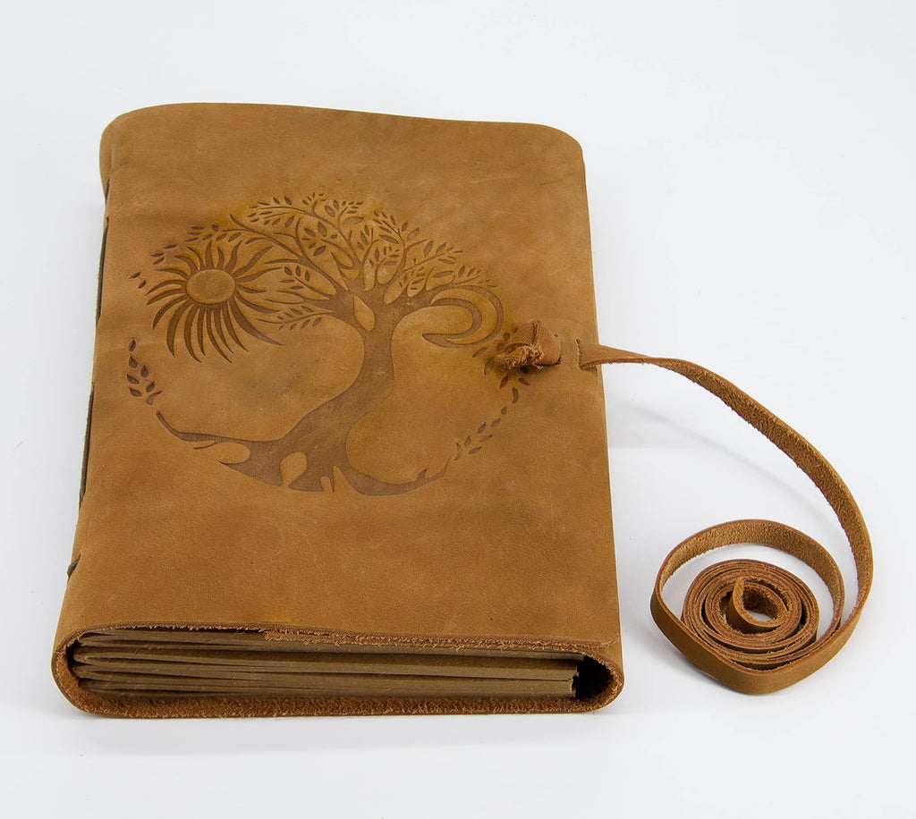 Leather Journal for women and men embossed 8 x 6 inch Handmade Lined craft paper tree of life sun and moon notebook writing notepad book of shadows journal (Brown)