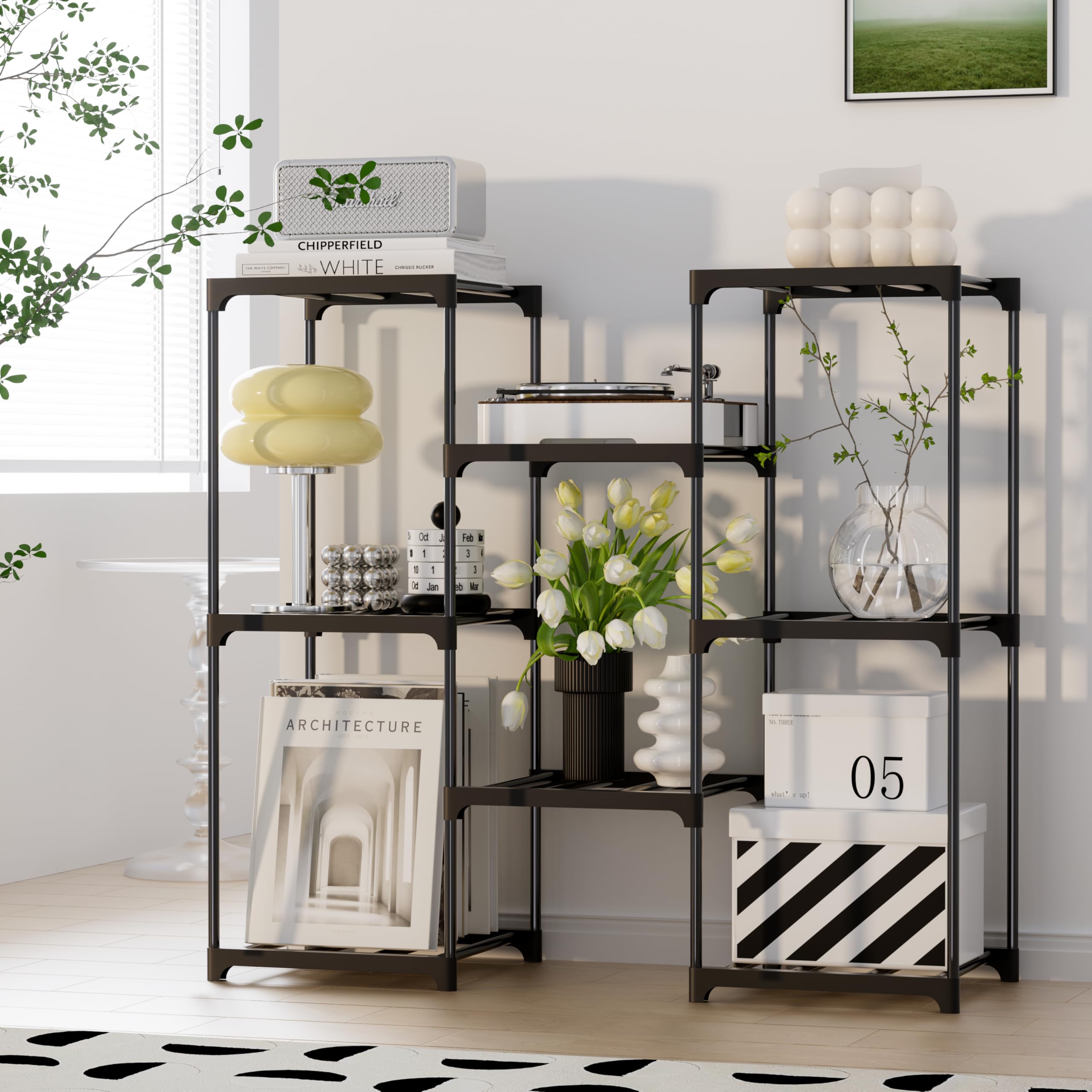 GcdPai Plant Stand Indoor Outdoor Plant Shelf Stand, 3 Tiers 8 Pots Large Potted Metal Flower Plant Rack for Multiple Plants, Hanging Tall Planter Holder for Patio Balcony Living Room Corner Porch