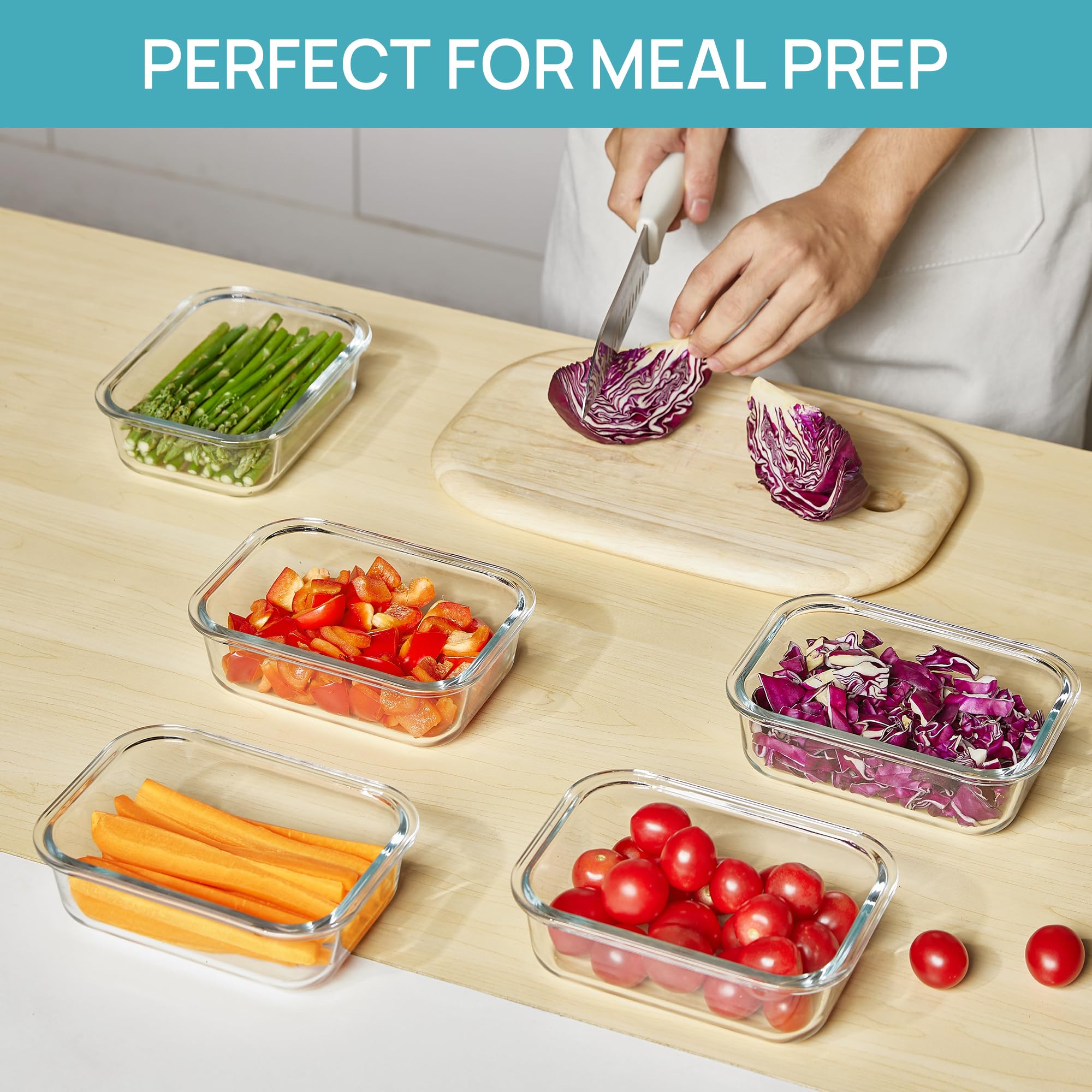 Vtopmart 5 Pack 22oz Glass Food Storage Containers with Lids, Meal Prep Containers, Airtight Lunch Bento Boxes with Snap Locking Lids for Microwave, Oven, Freezer and Dishwasher